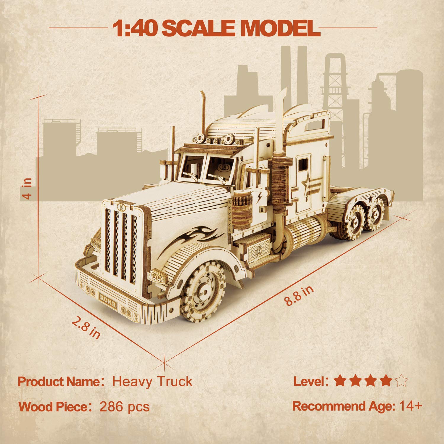 ROKR 3D Wooden Puzzle Model Car Kits for Adults - DIY Heavy Truck Assembly Kit (8.9x2.9x4 inches) | Educational Brain Teaser, Home Desk Decor, Perfect Gift for Teens & Kids | Great for STEM Learning, Stress Relief, and Family Bonding Activities