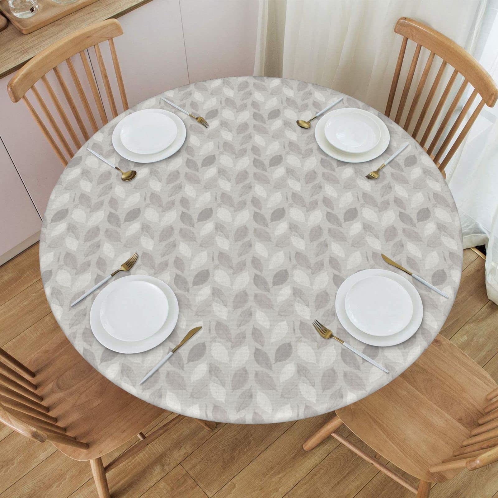 Waterproof Wipeable Elastic Edged Round Fitted Tablecloth - Grey Leaves Print for 40