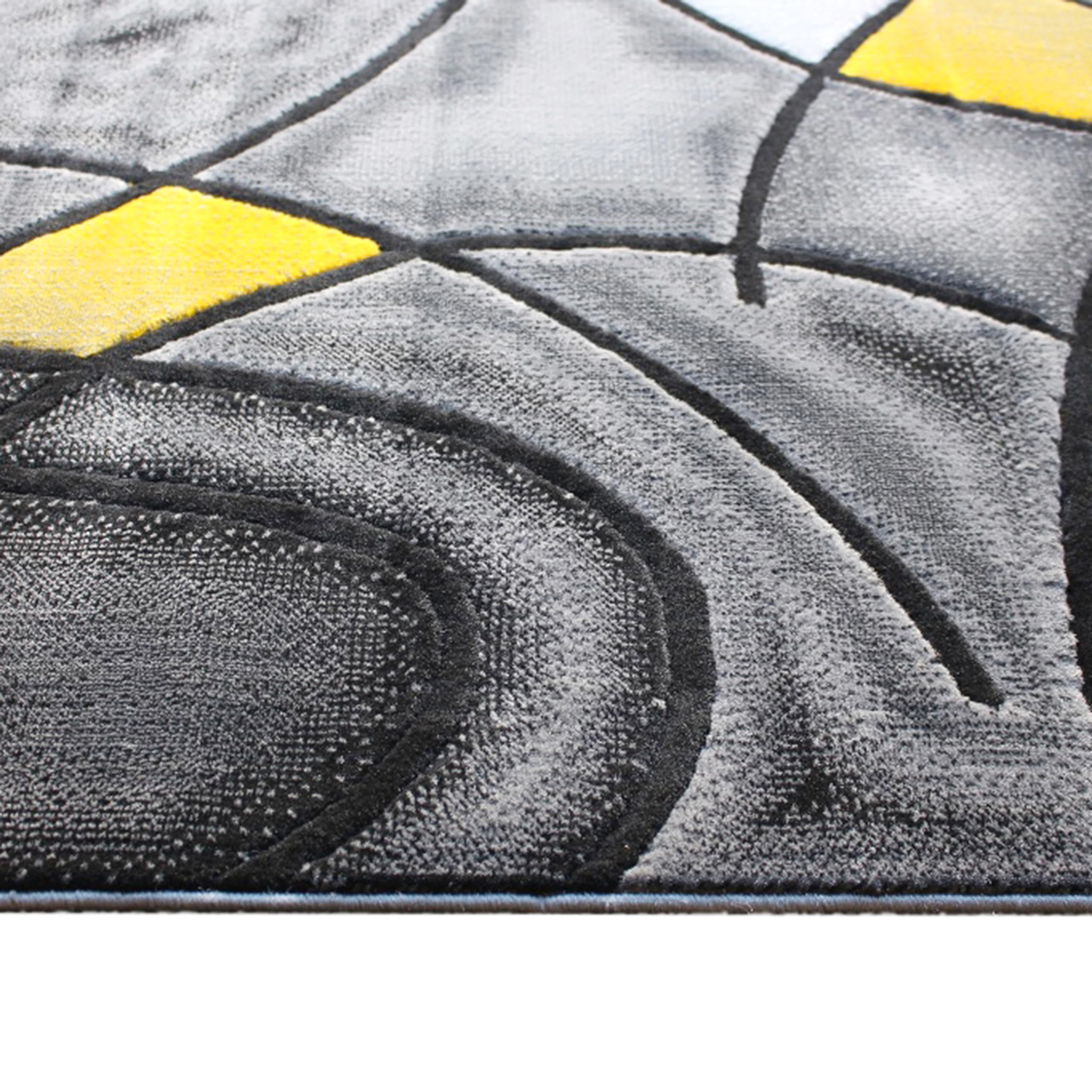 EMMA + OLIVER Modern Abstract Geometric Area Rug - Soft Plush Olefin Accent Rug with Gray Gradient & Yellow Accents - 8x10 Feet - Stain & Moisture Resistant - Perfect for Living Room, Bedroom or Office Decor