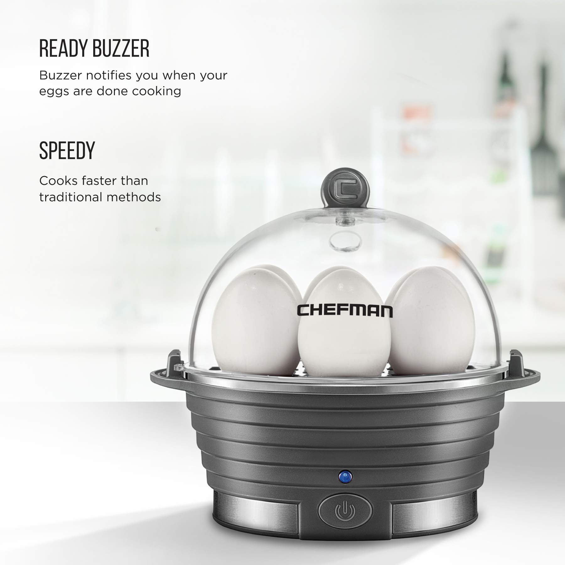 Chefman Electric Egg Cooker - 6 Egg Capacity, Fast Boiling & Poaching, Hard/Medium/Soft Boiled Eggs, Includes Omelet Tray & Vegetable Steamer, BPA-Free, Grey - Perfect for Breakfast, Meal Prep & Healthy Cooking