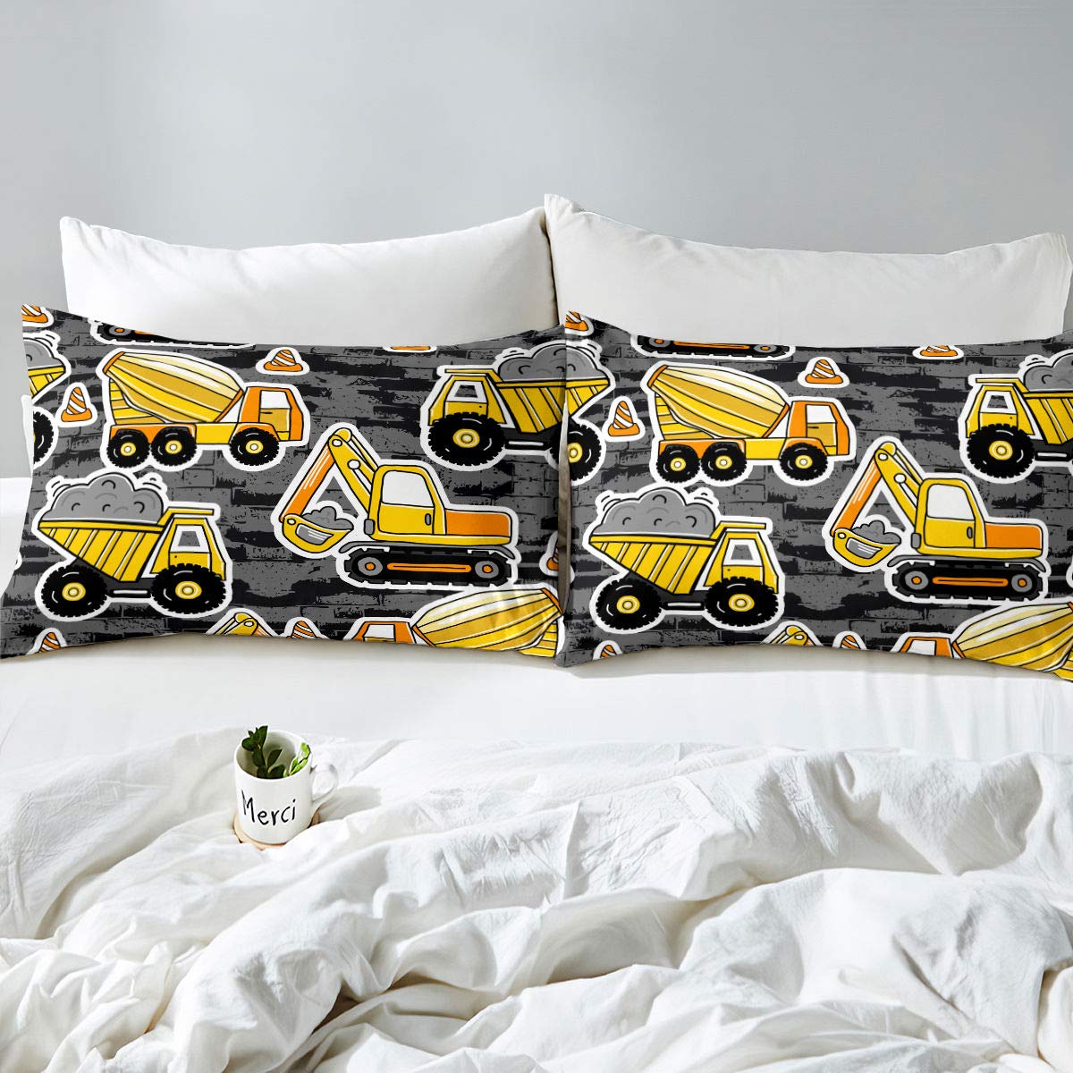 Erosebridal Kids Construction Vehicle Bedding Set - Full Size Excavator & Tractor Fitted Sheet + Flat Sheet + 2 Pillowcases (4-Piece Set, Yellow/Gray) | Fun Themed Bed Sheets for Boys' Rooms, Toddler Construction Theme Decor