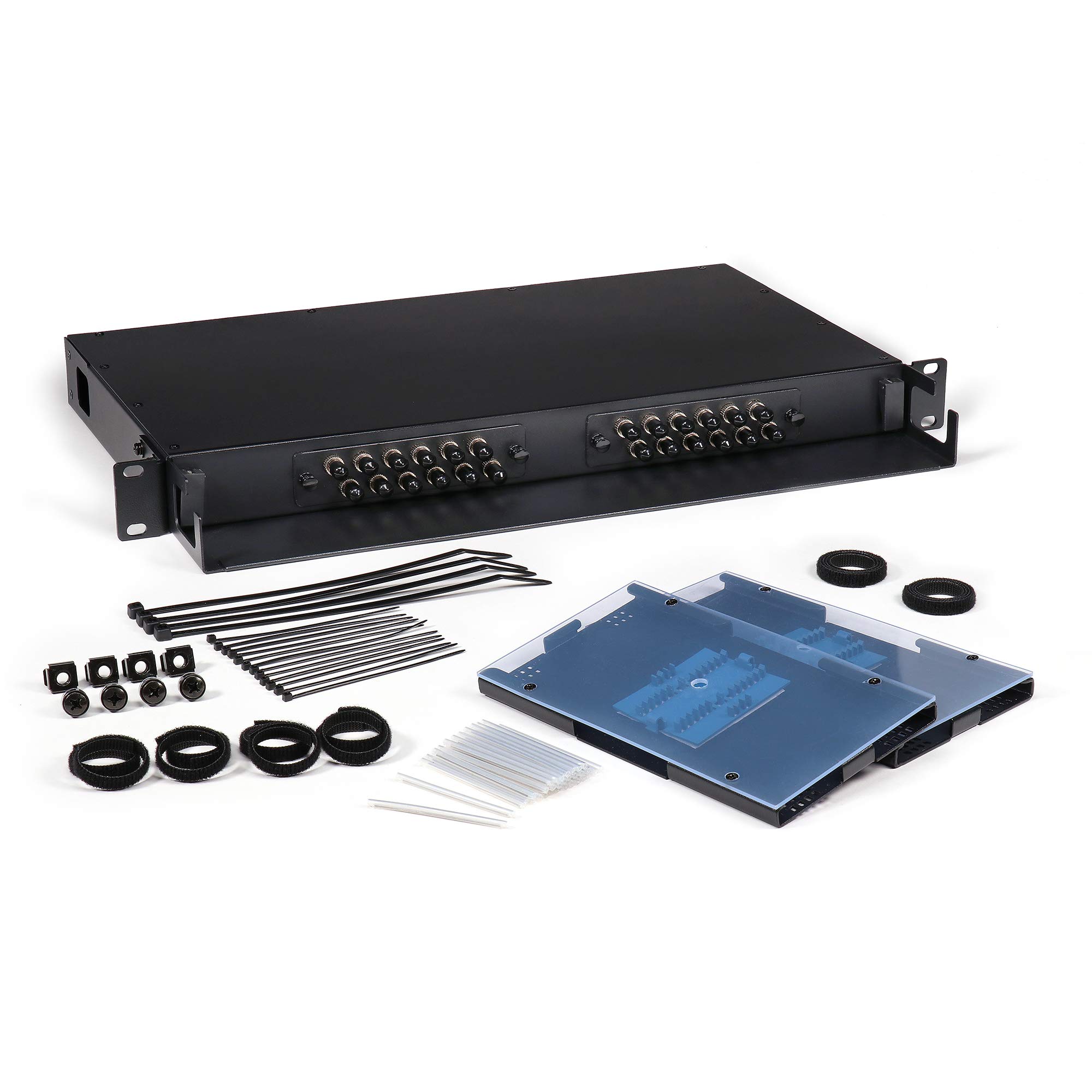 1U Rack Mount Fiber Optic Patch Panel - 24 Port ST Adapter with Splice Trays - Singlemode/Multimode Compatible for Data Center & Network Cabinet Installation