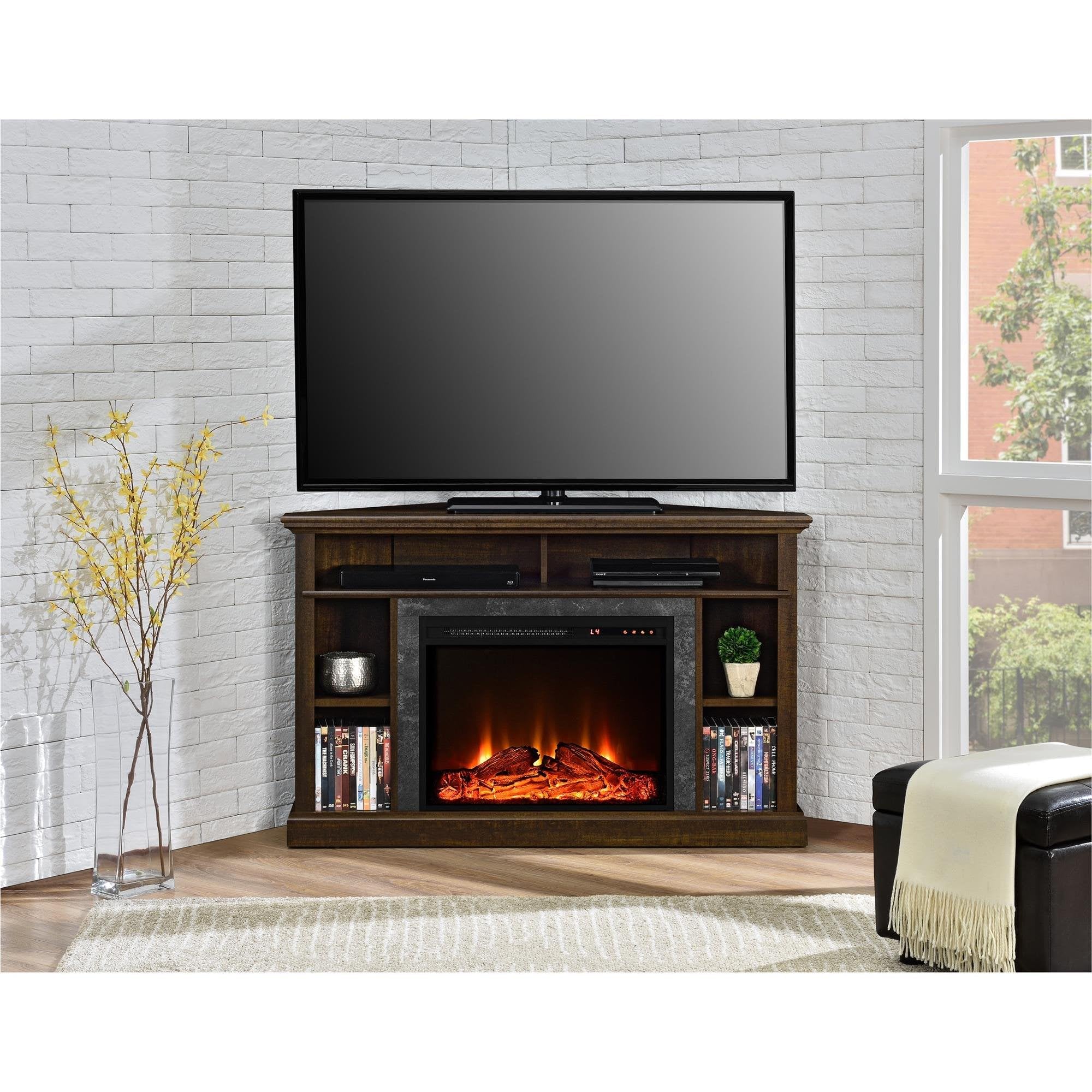 Ameriwood Home Overland 50 Inch Corner Fireplace TV Stand with Electric Heater Insert - Remote Control, Timer, Realistic Flame & Log Effect in Espresso - Perfect for Living Room, Bedroom & Home Theater Setup