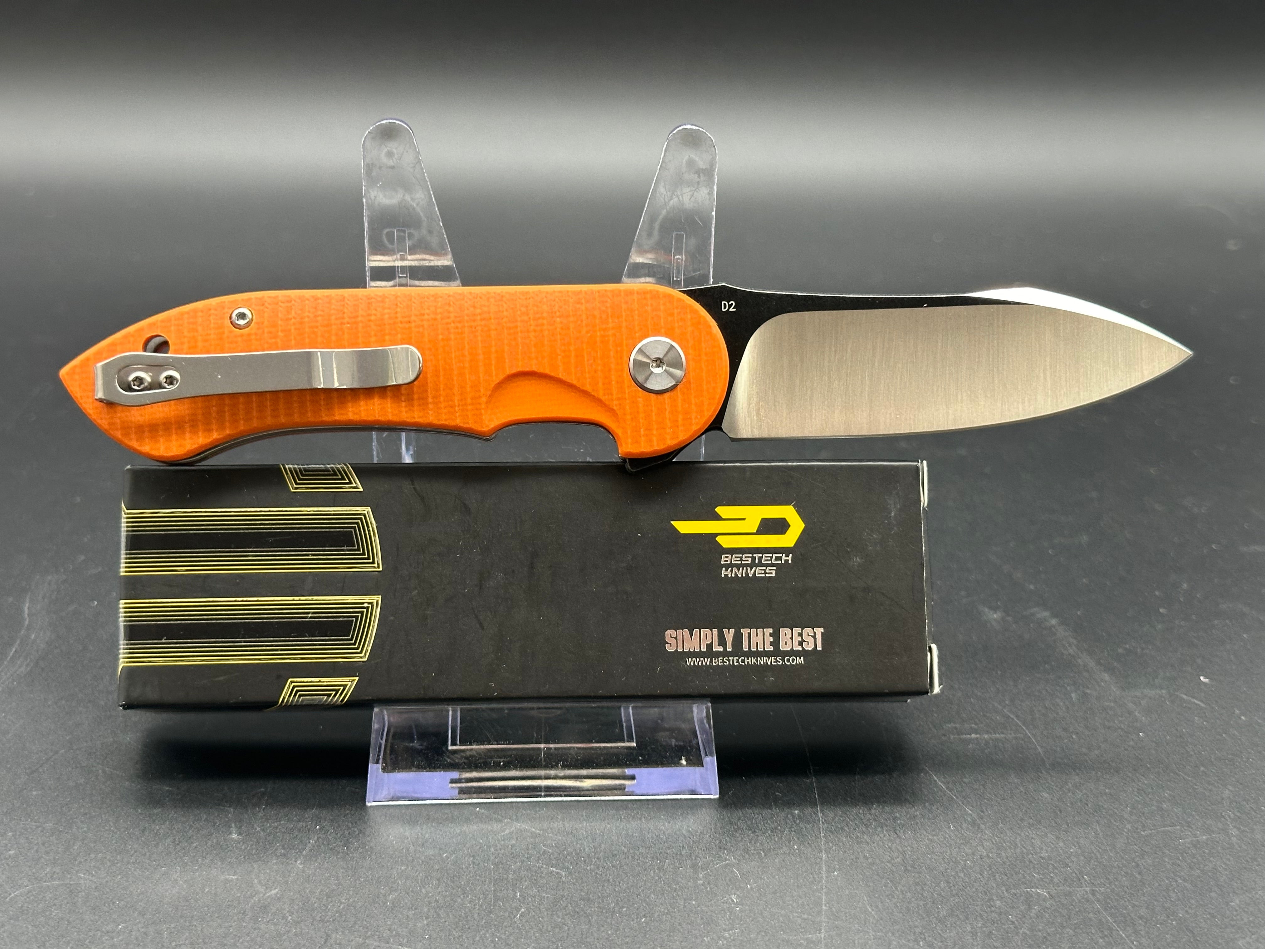 BESTECH Torpedo Folding Knife - Orange G10 Handle with Black Stonewash & Satin Blade - EDC, Camping, Hiking, Survival Gear