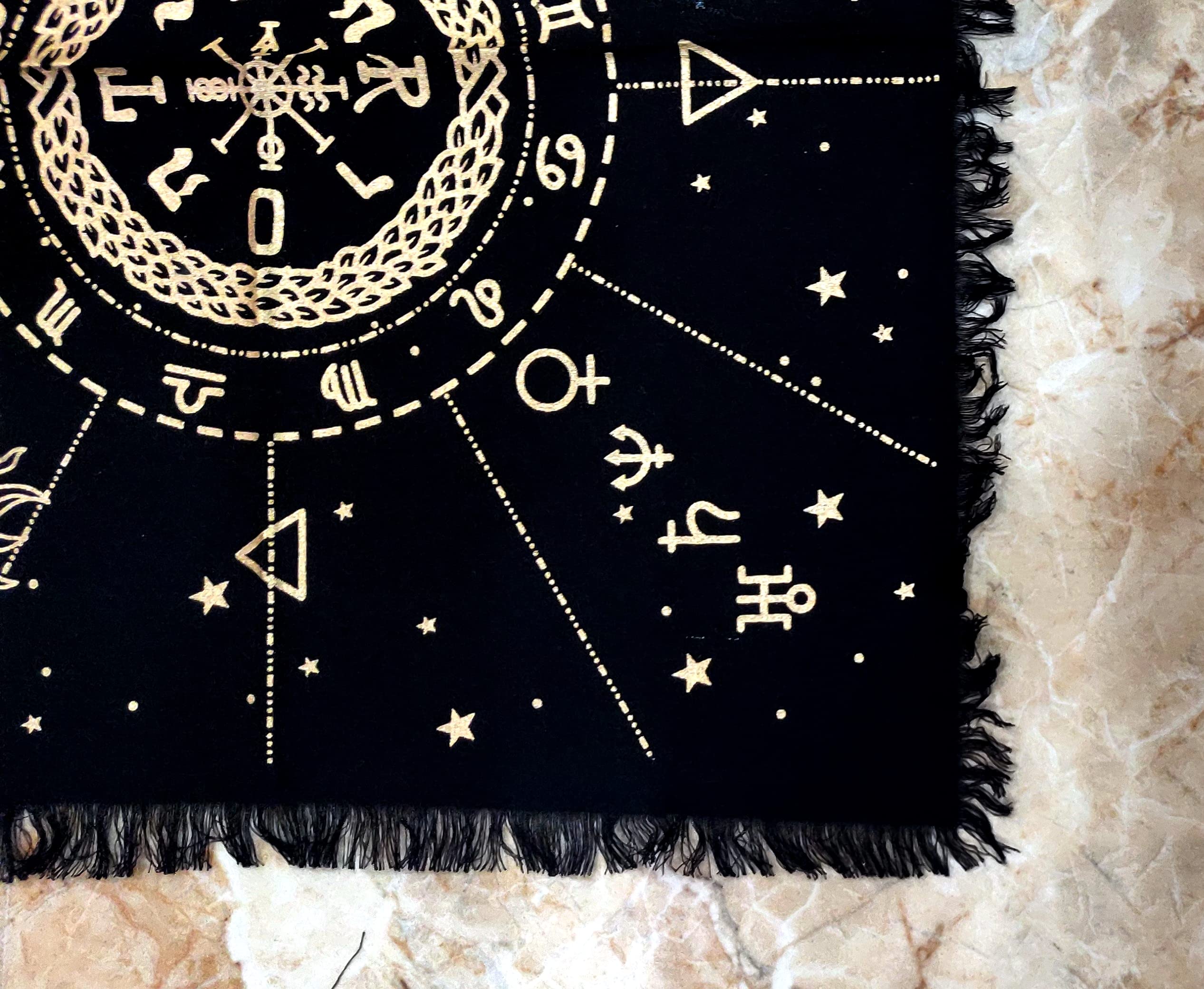 INDACORIFY Celestial Constellation Altar Cloth - 18x18 Inch Golden Tarot Spread with Fringes for Witchcraft, Wicca & Spiritual Practices | Perfect for Rituals, Divination & Sacred Space Decor