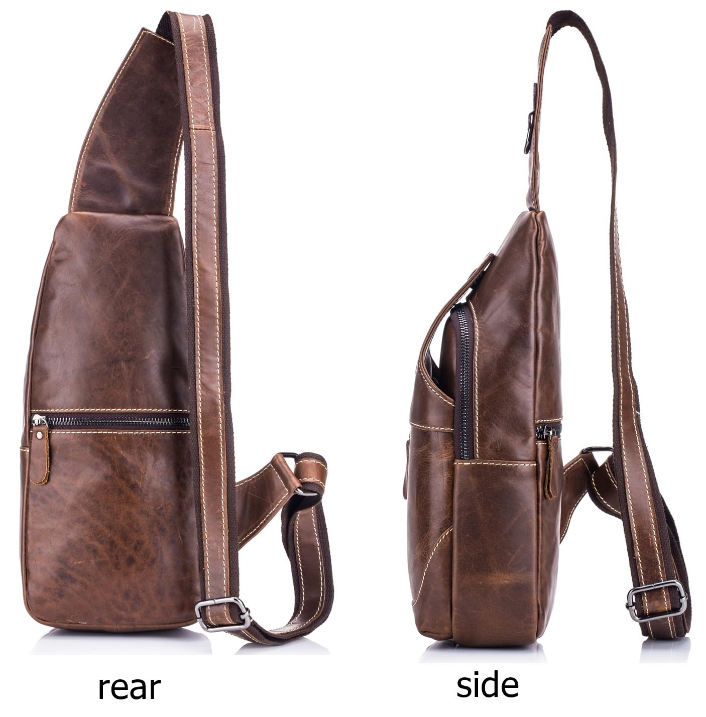 BULLCAPTON Genuine Leather Men's Sling Backpack - Multi-Pocket Crossbody Chest Bag with Earphone Hole - Durable Travel & Casual Backpack for Work, Gym & Outdoor Adventures (Brown)