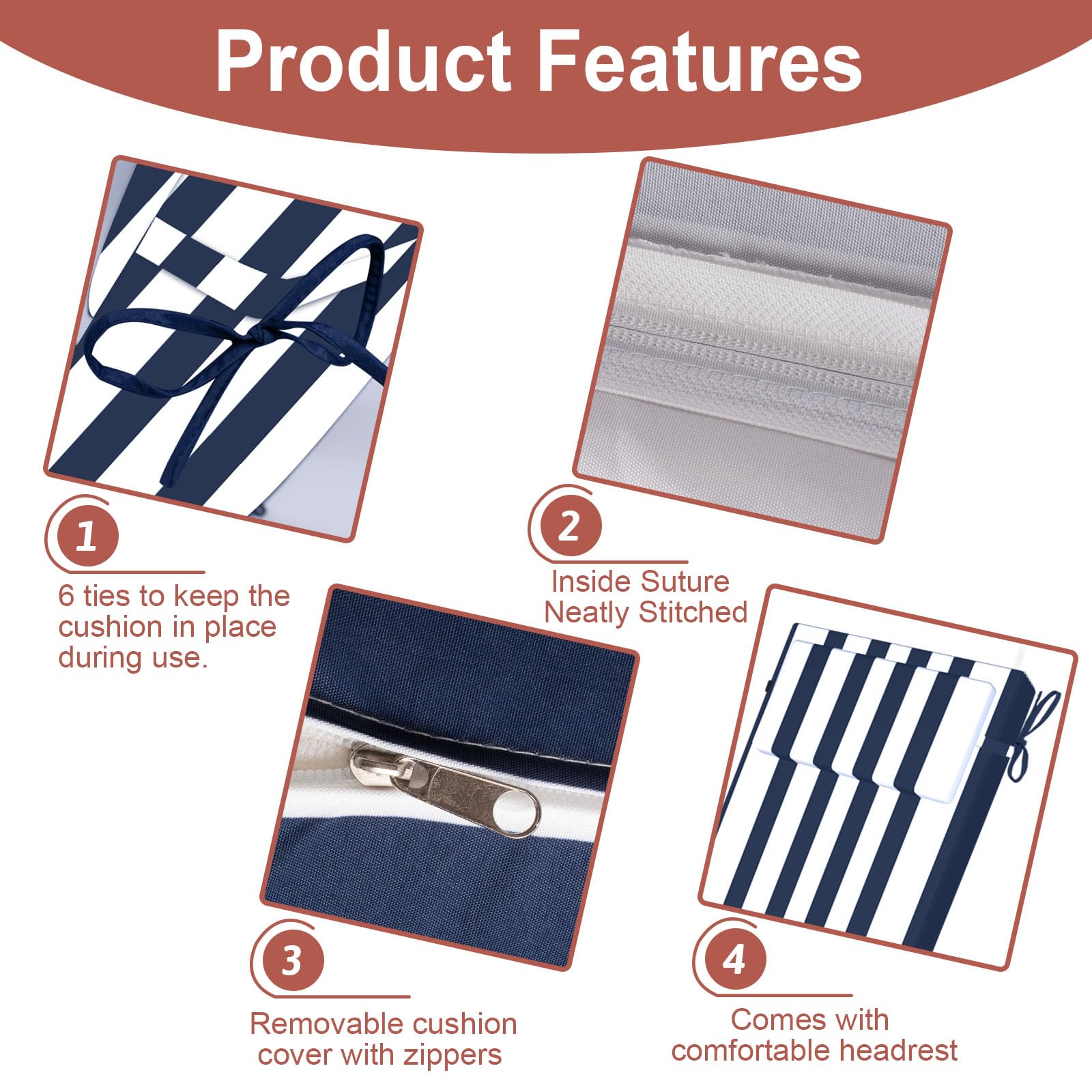 2-Pack Waterproof Outdoor Lounge Chair Cushions - Patio Chaise Lounger Pads with 6 Straps - Blue Striped (72