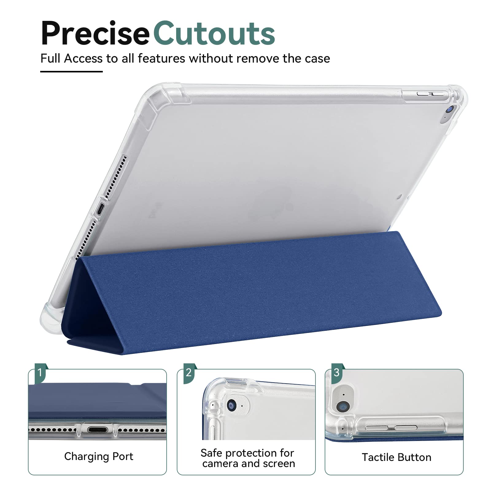 4UBonLife iPad 9.7 Inch Case for 6th/5th Gen (2018/2017) & iPad Air 1 (2013)/Air 2 (2014) - Slim Lightweight Soft TPU Cover with Pencil Holder, Translucent Back & Frosted Finish, Dark Blue - Perfect for School, Work & Travel