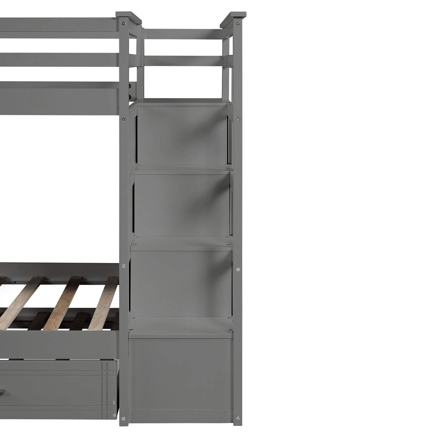 Twin Over Twin Bunk Bed with Trundle & Storage Drawers - Sturdy Wood Bunk Bed Frame with Guardrails & Stairs for Kids, Teens & Adults - No Box Spring Needed - Space-Saving Grey Bunk Bed for Small Rooms, Guest Rooms & Vacation Homes