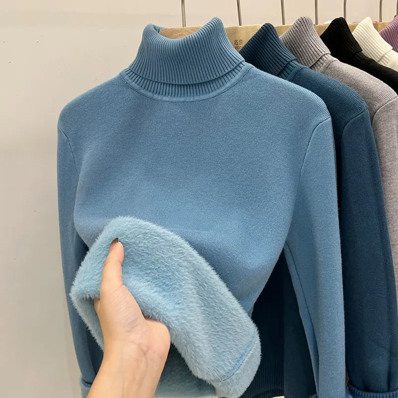 Women's Thick Velvet Turtleneck Sweater - Warm Winter Pullover for Casual Outfits & Holiday Parties