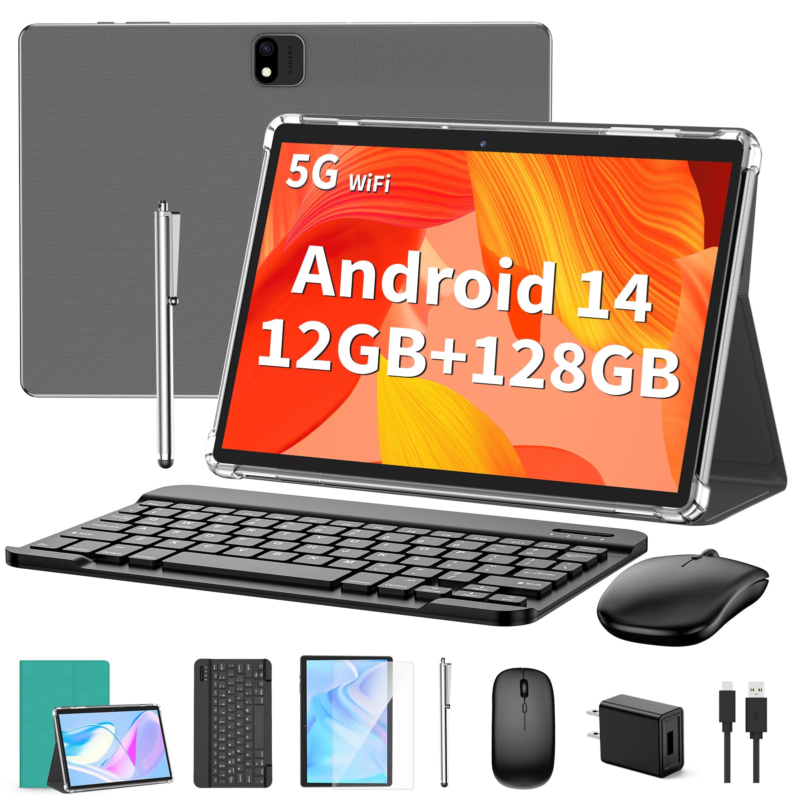 2-in-1 Android 14 Tablet with Keyboard - 10 Inch 12GB RAM 128GB Storage (1TB Expandable) | Includes Case, Mouse & Stylus | 8000mAh Battery, Dual-Band WiFi, GPS | Perfect for Work, Study & Entertainment - Green