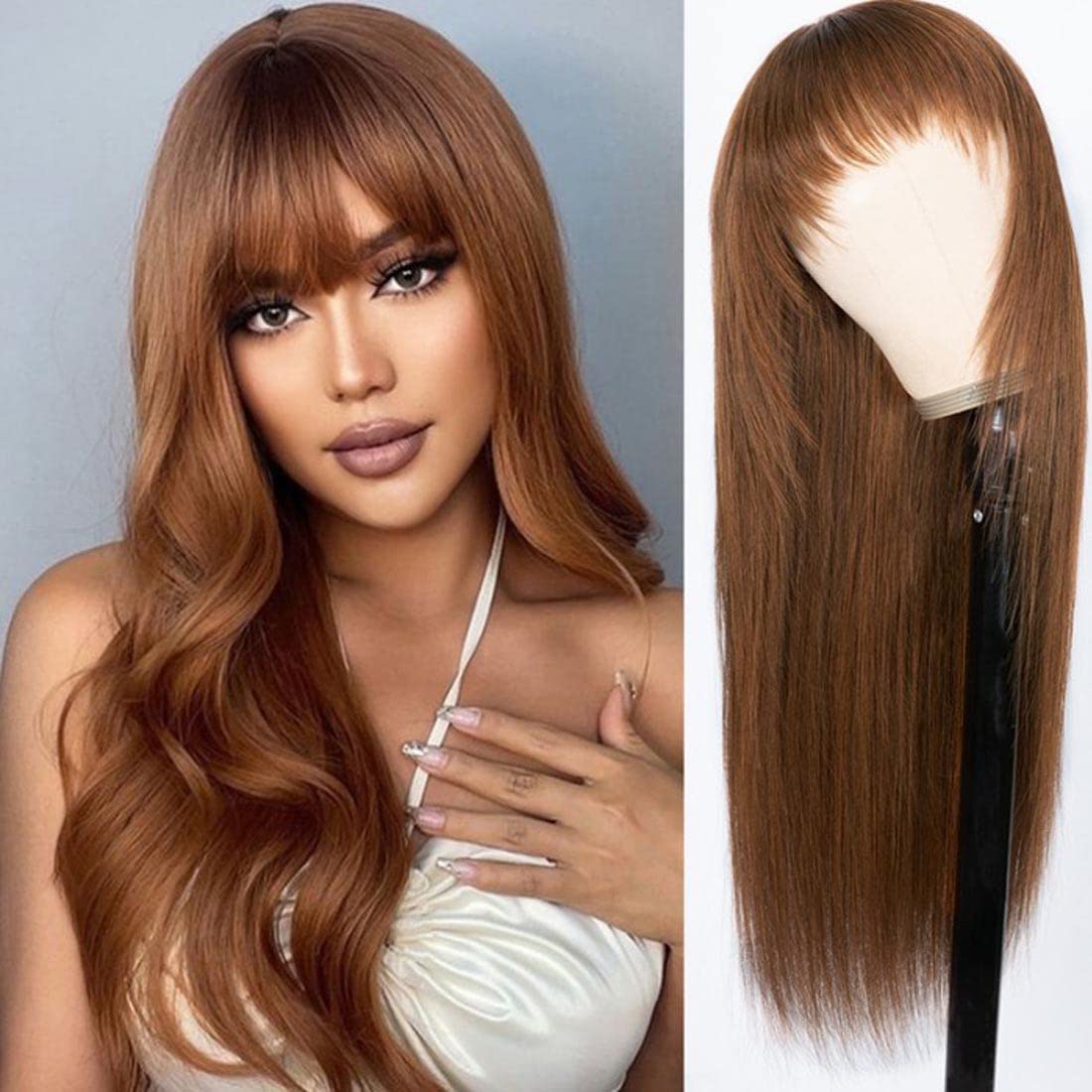 Beauty Forever #4 Chocolate Brown Straight Human Hair Wig with Bangs - Glueless Layered Cut 150% Density 22 Inch Dark Brown Full Machine Made Lace Front Wig for Women | Perfect for Cosplay, Daily Wear & Special Occasions