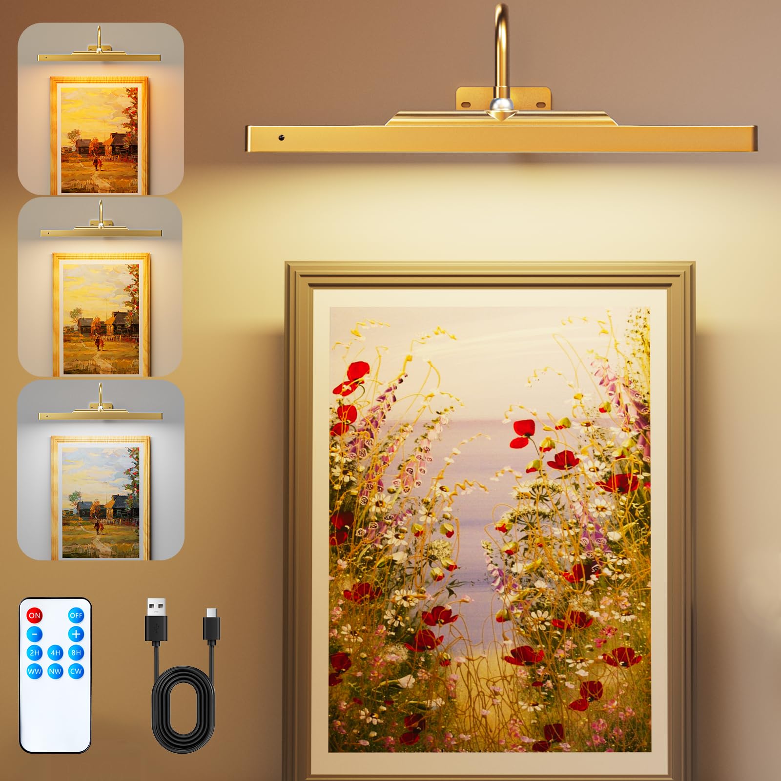 Brightown 16-Inch Battery Operated Picture Light for Paintings & Wall Art - 5000mAh Wireless Remote Control with Timer & Dimmable LED - Gold Finish - Perfect for Galleries, Museums, and Home Decor