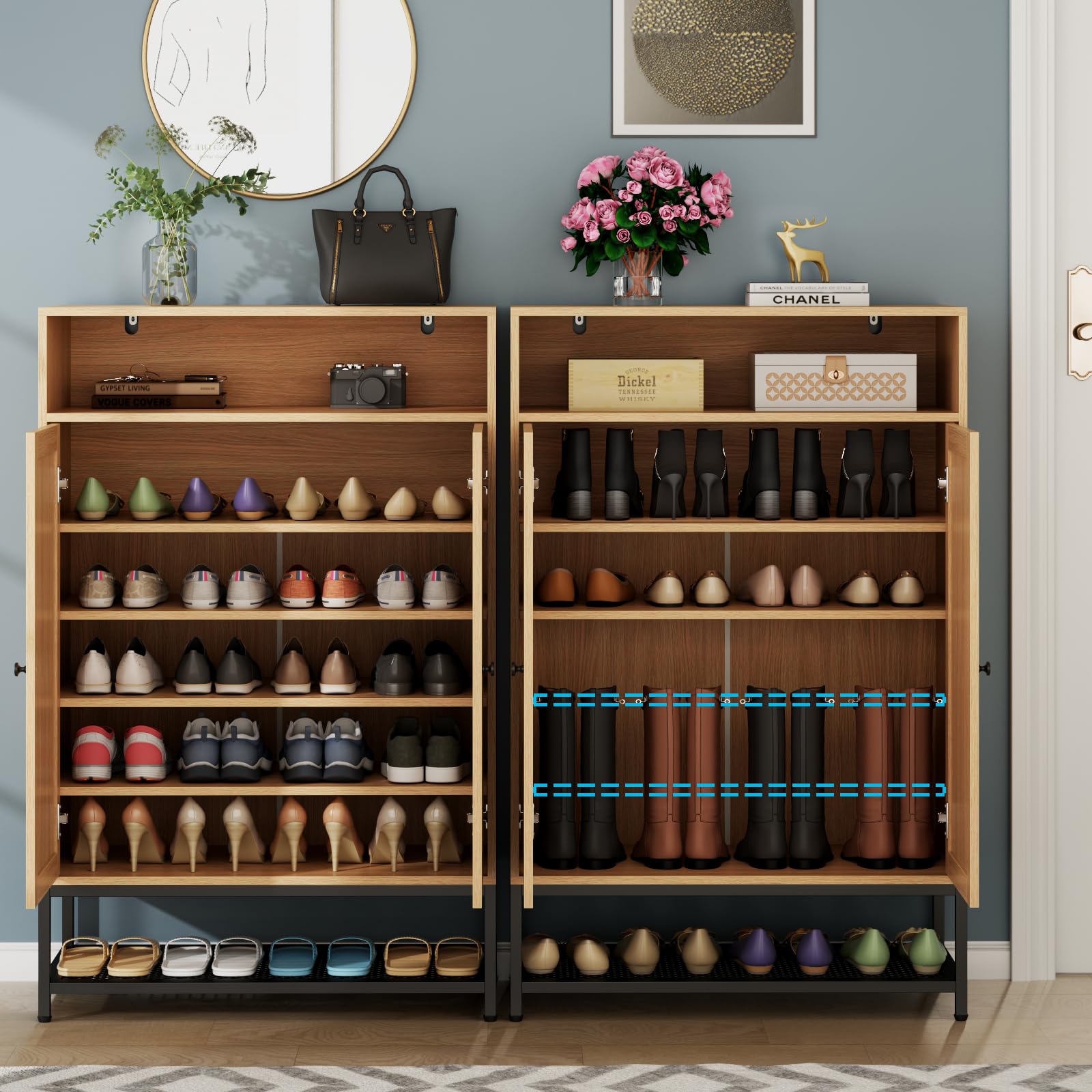 7-Tier Rattan Shoe Storage Cabinet with Adjustable Shelves & Doors - Entryway Shoe Organizer for Hallway, Closet, Living Room | Perfect for Small Spaces & Home Organization