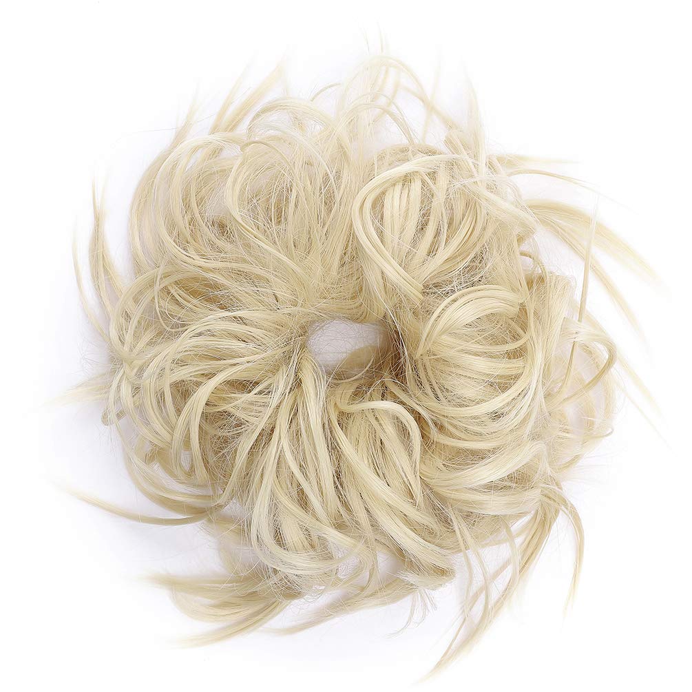 Messy Bun Hair Extension - Synthetic Ponytail Updo Hairpiece for Tousled Updo Styles | Bleach Blonde Scrunchies Hair Accessories | Perfect for Parties, Weddings & Everyday Wear