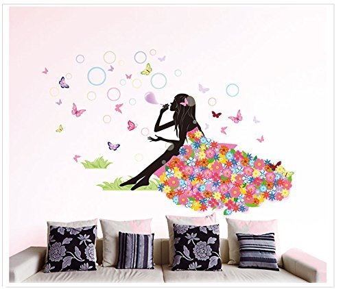 Butterfly Wall Decals for Girls Room - 52x35 Inch Flower Fairy Princess DIY Bedroom Stickers, Blowing Bubbles & Dresses Design - Perfect for Nursery, Kids Bedroom Decor & Birthday Party Backdrop