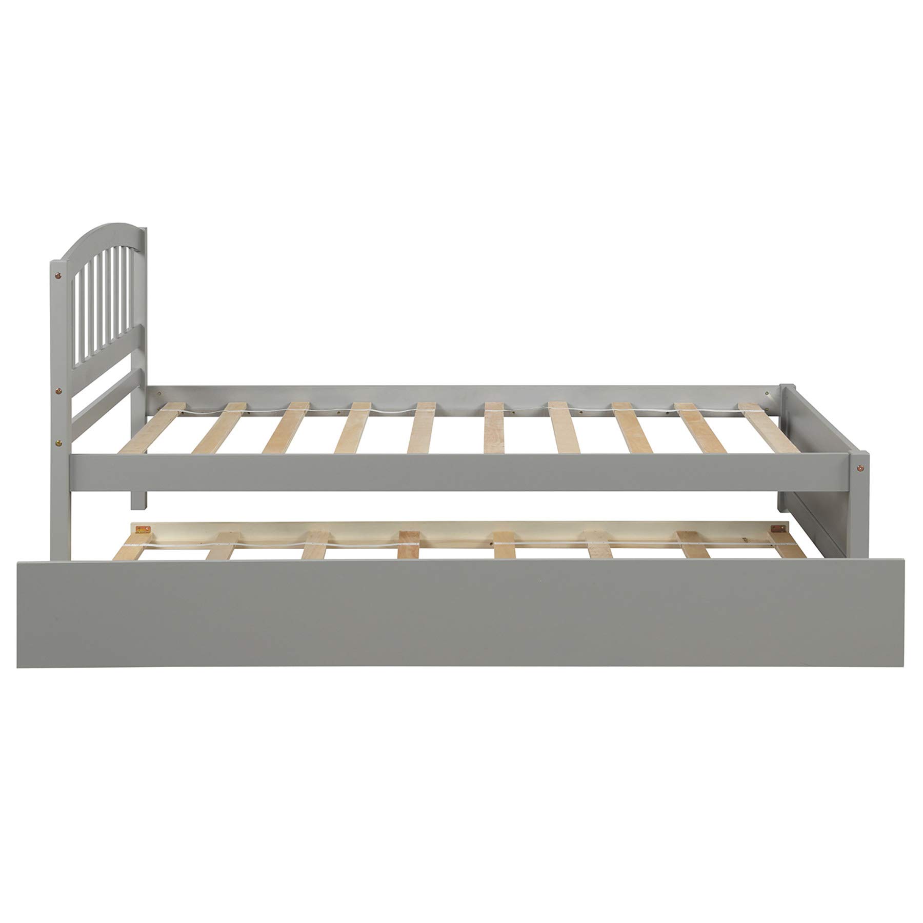 P PURLOVE Twin Size Wooden Platform Bed Frame with Headboard & Trundle - Gray - Perfect for Kids' Rooms, Guest Beds & Small Space Living