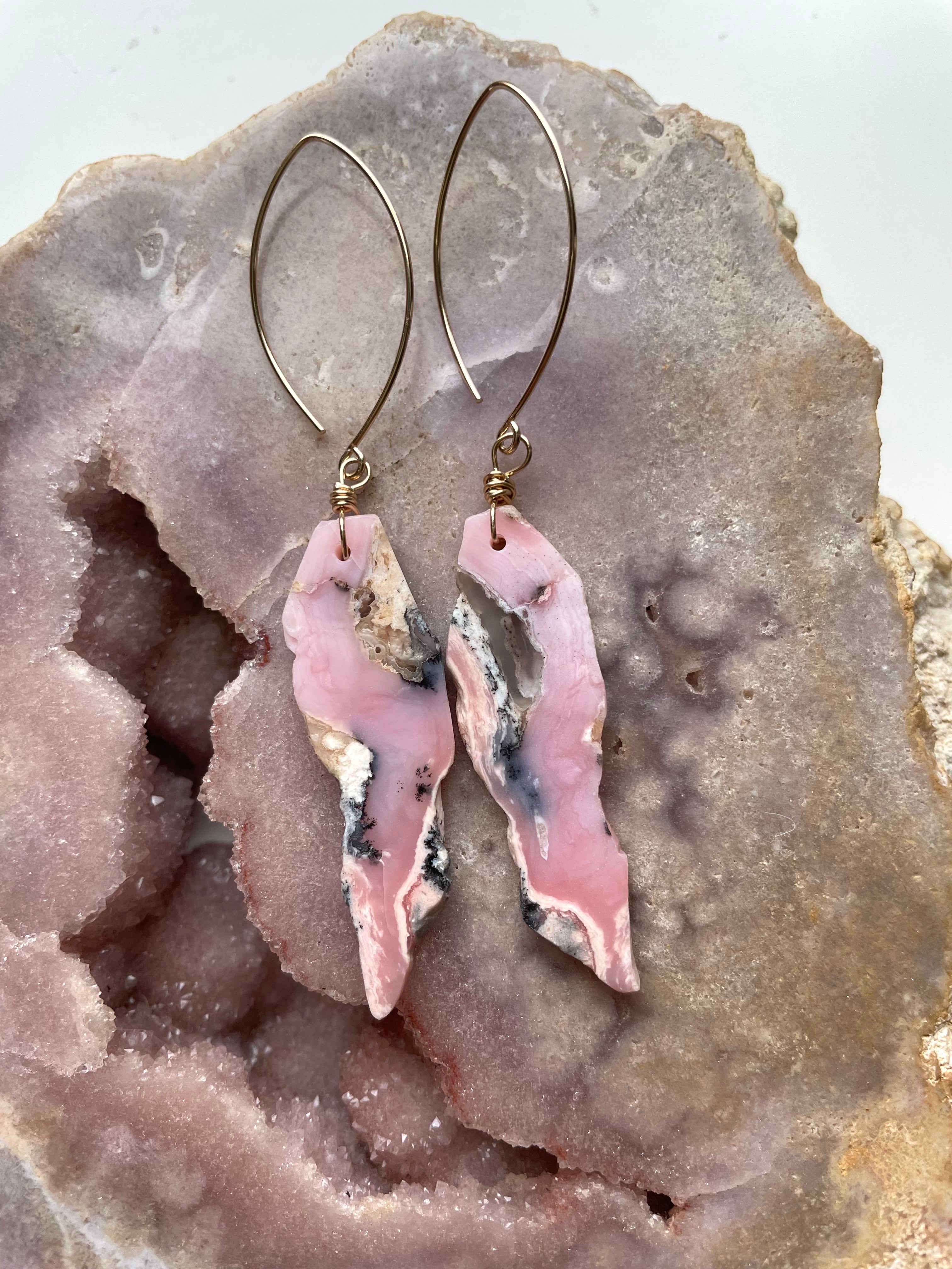 Pink Opal Gold Filled Statement Crystal Gemstone Earrings for Women | Elegant Dangle Drop Earrings for Party, Wedding & Special Occasions