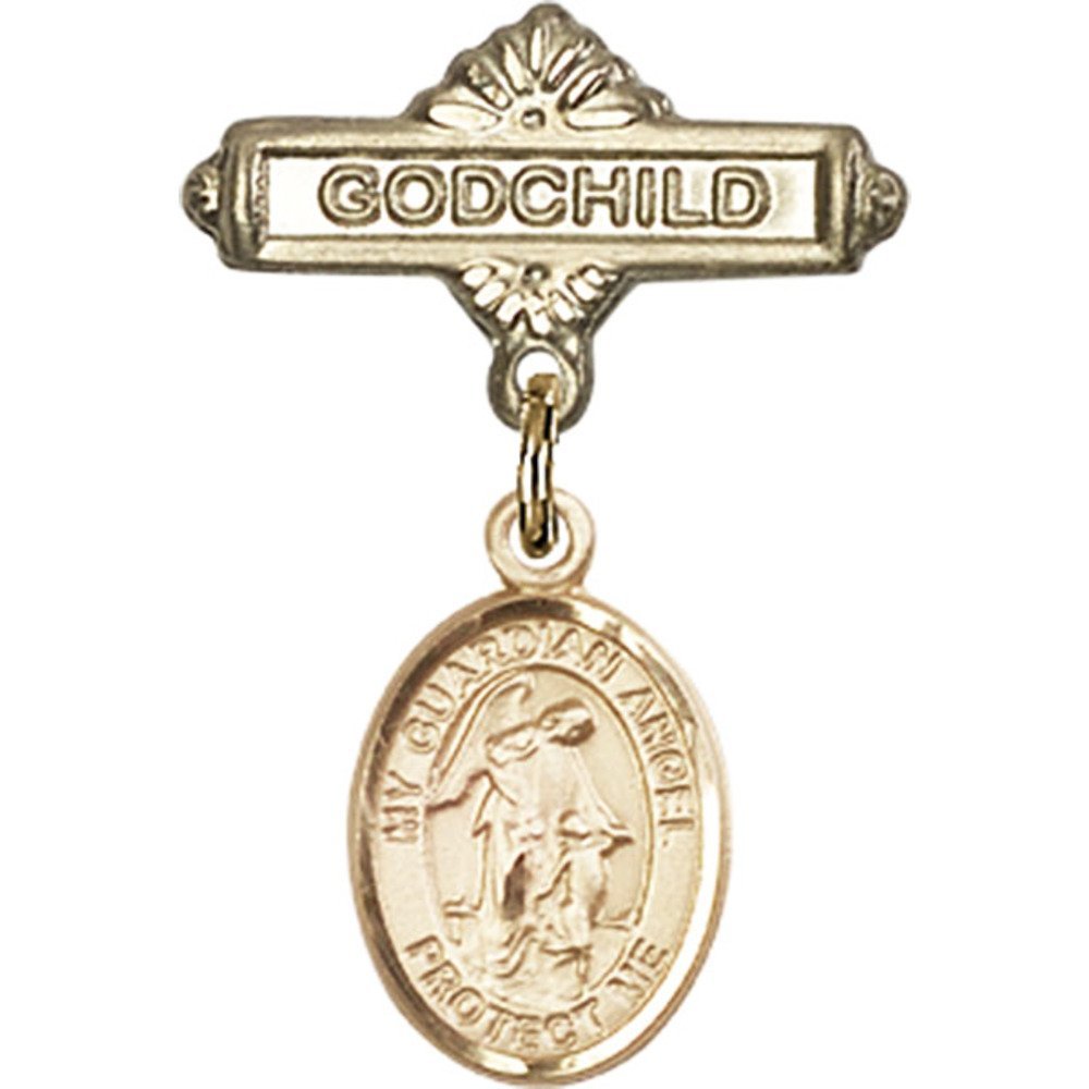 Gold Filled Baby Badge with Guardian Angel Charm - Godchild Gift Pin 1 X 5/8 inches - Perfect for Christenings, Baptisms & Baby Showers