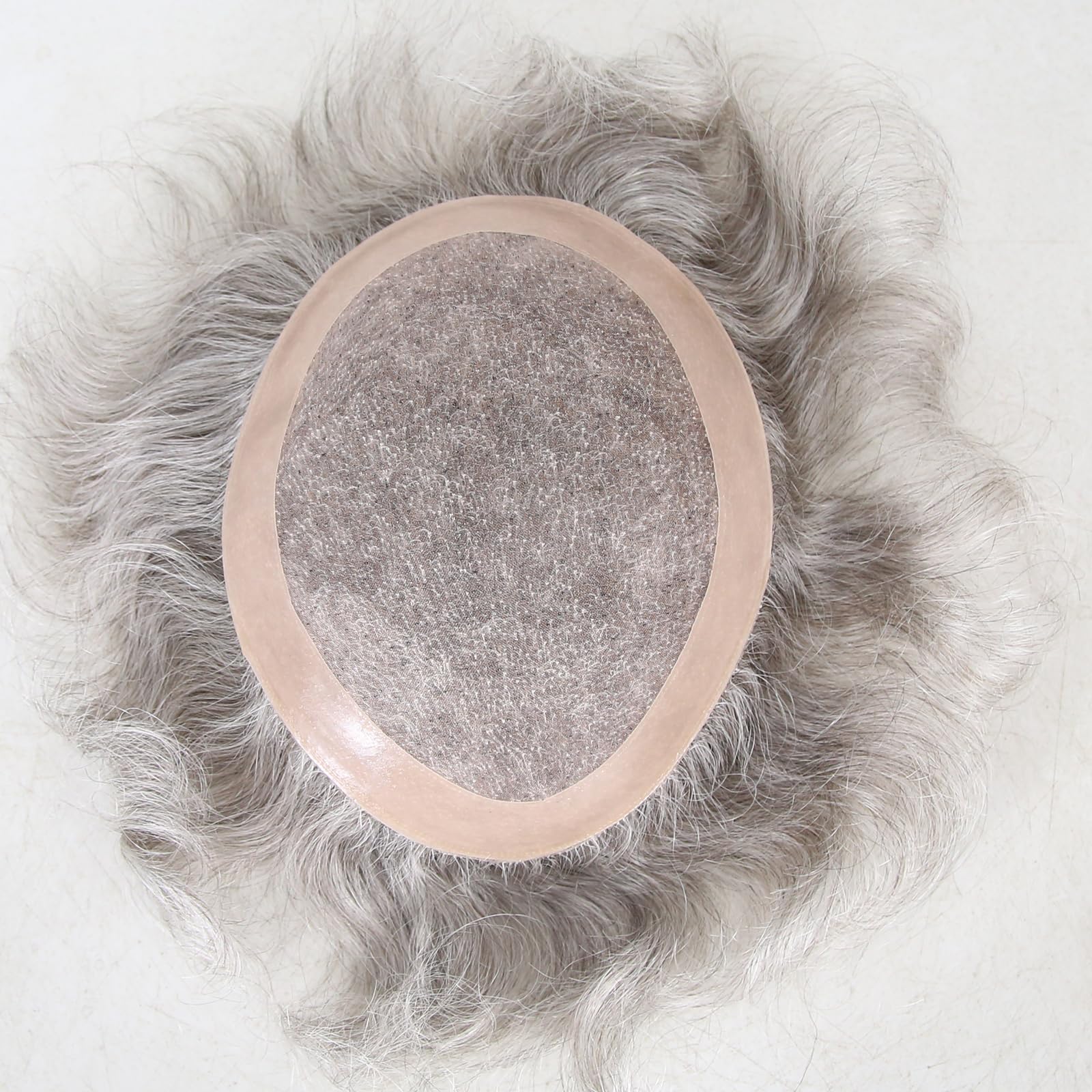 Men's Human Hair Toupee 7x9 Inch - 80% Grey #5 Mixed Thin Skin Hair Replacement System with Monofilament Net & PU Base - Natural Looking Wig for Balding, Thinning Hair | Perfect for Daily Wear, Parties & Special Occasions