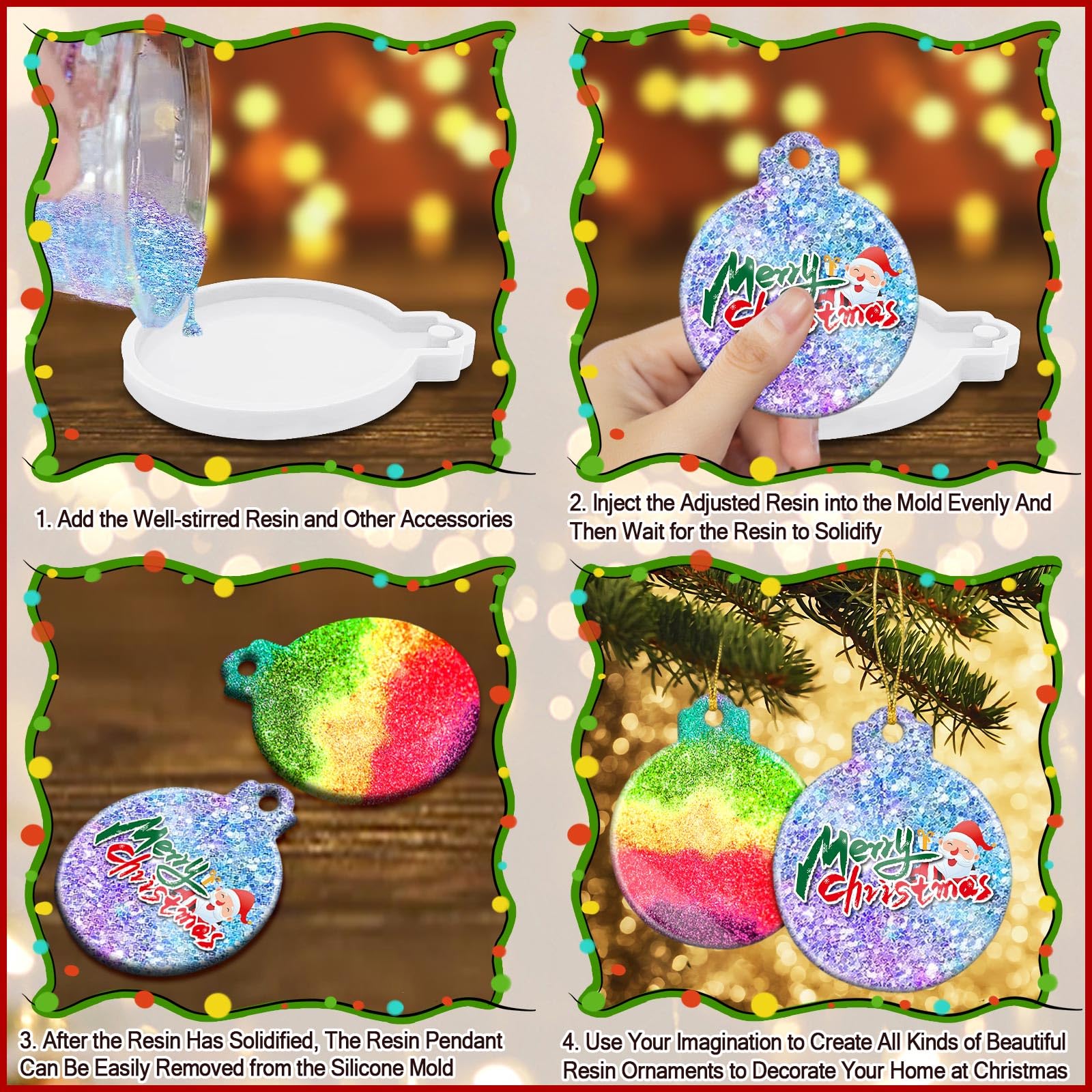 FEBSNOW 4PCS Round Silicone Christmas Ornament Molds for DIY Resin Crafts - Epoxy Pendant Casting Molds with Strings for Holiday Decorations, Xmas Tree Ornaments & Home Decor Gifts