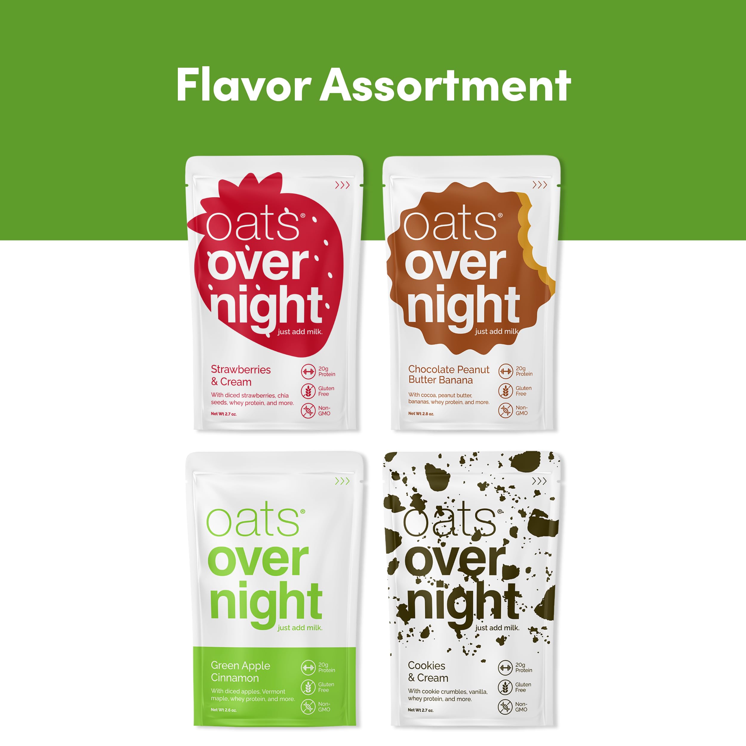 Oats Overnight Classic Variety Pack - High Protein & Fiber Gluten Free Oatmeal Breakfast Shake | Non-GMO, Green Apple Cinnamon & Cookies & Cream Flavors (16 Pack) - Perfect for Quick Healthy Breakfasts, Post-Workout Recovery & On-the-Go Nutrition
