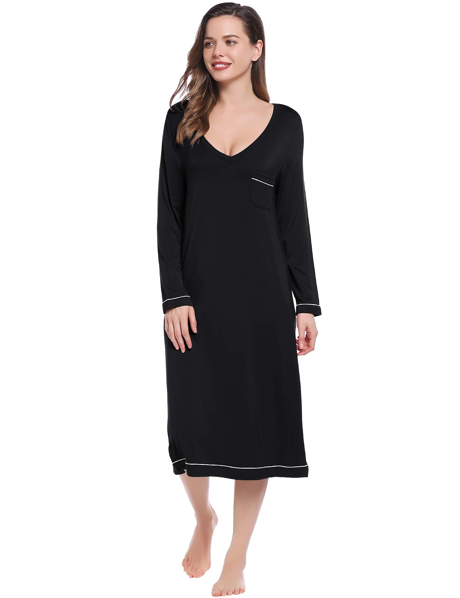 Joyaria Women's Soft Bamboo Viscose Long Sleeve Nightgown - Breathable V-Neck Sleep Shirt for Women, Comfortable Sleepwear Sizes S-XXL - Perfect for Relaxing at Home, Lounging & Overnight Comfort