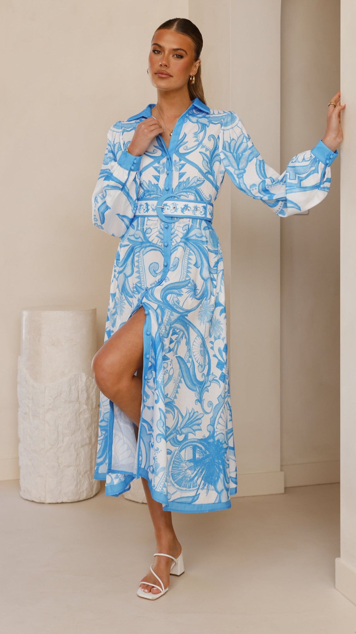 Madeline Long Sleeve Midi Dress - Portofino Azure Blue Flowy Women's Dress for Casual Wear, Office & Date Night