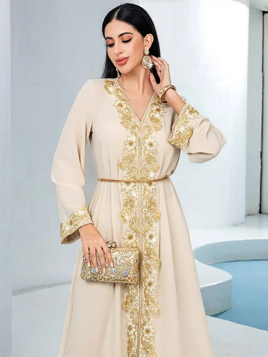 Elegant Eid Kaftan Dress with Embroidery Lace - Women's Flowy Caftan for Special Occasions - Perfect for Eid Celebrations, Weddings, and Summer Parties