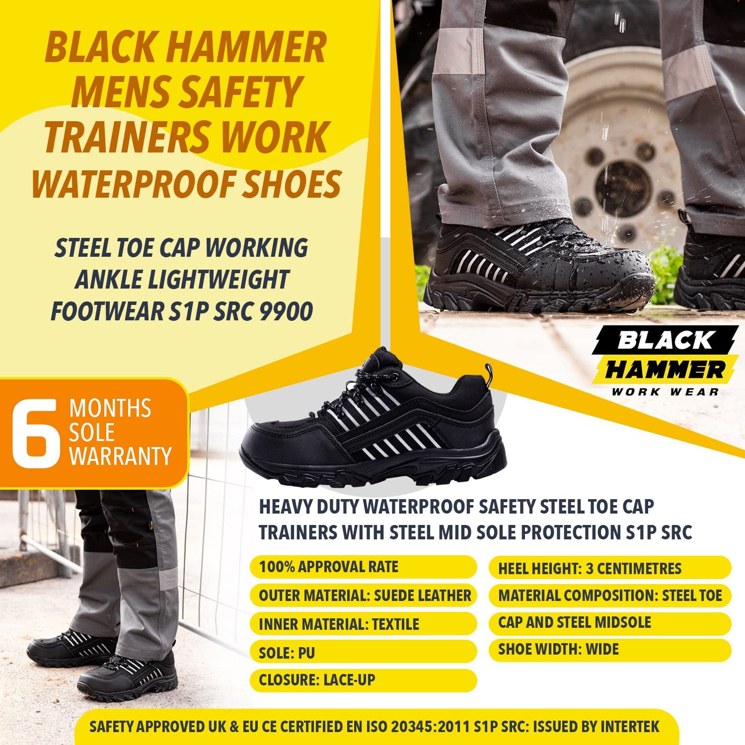 Black Hammer Men's Safety Trainers - Waterproof Steel Toe Work Shoes with Ankle Support, Lightweight S1P SRC 9900 Certified - Ideal for Construction, Warehouse & Industrial Work