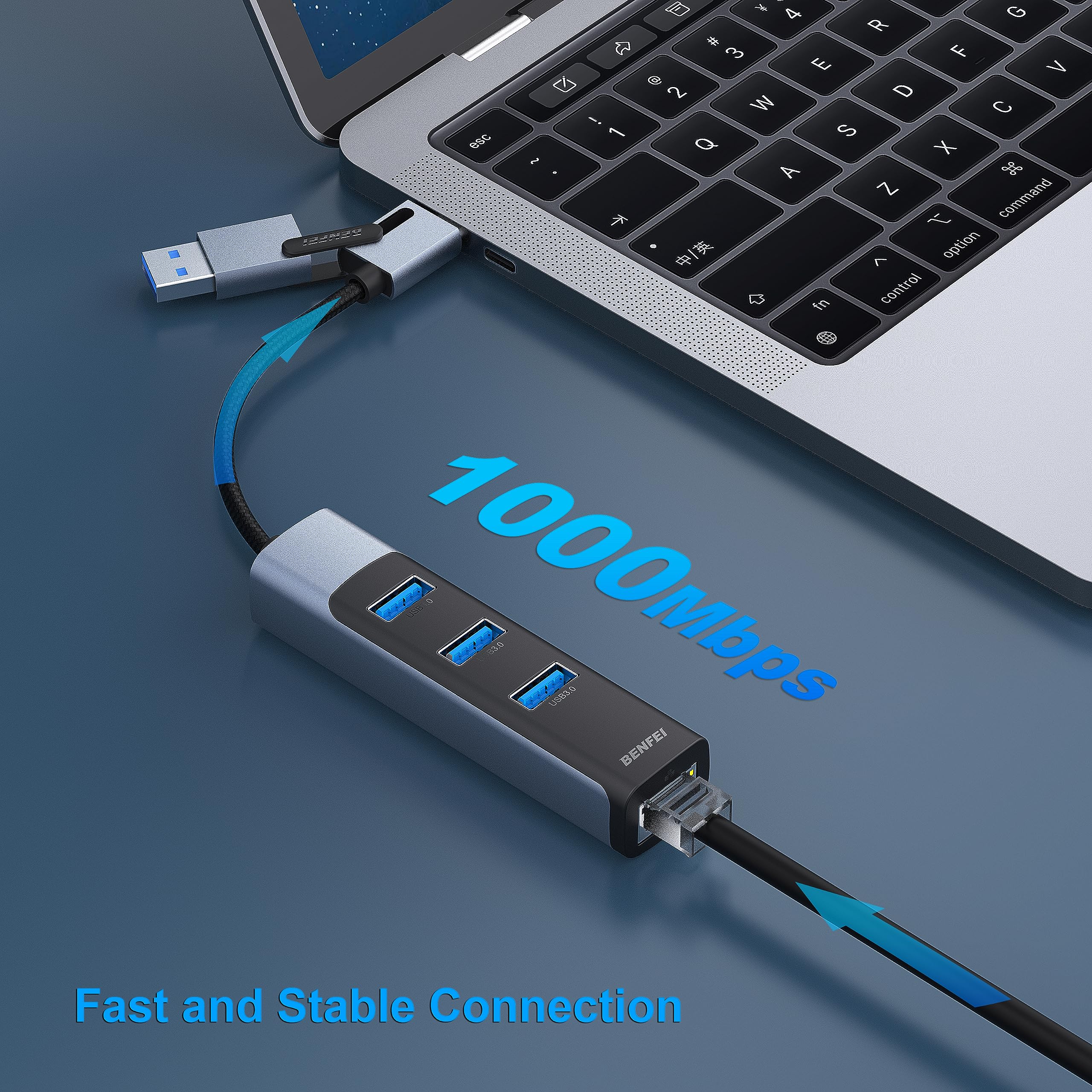 BENFEI 2-in-1 USB-C & USB 3.0 to Gigabit Ethernet Adapter with 3 USB 3.0 Ports - Compatible with iPhone 15 Series, MacBook Pro/Air 2023-2019, iPad Pro & More - Fast Wired Internet for Home Office, Gaming & Video Streaming