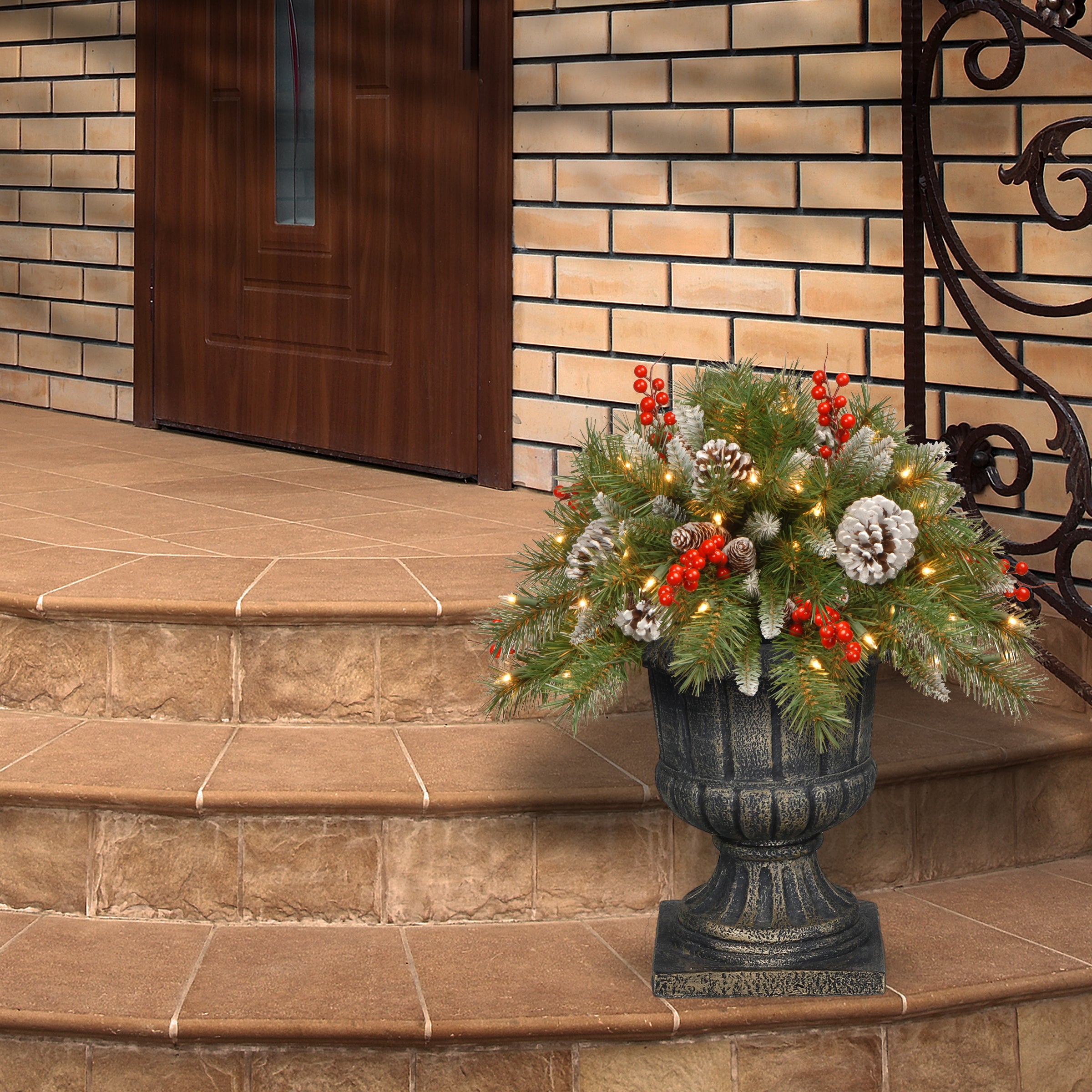 18 Inch Pre-Lit Frosted Berry Urn Filler with LED Lights - Perfect for Christmas Decorations, Holiday Centerpieces, and Winter Home Decor