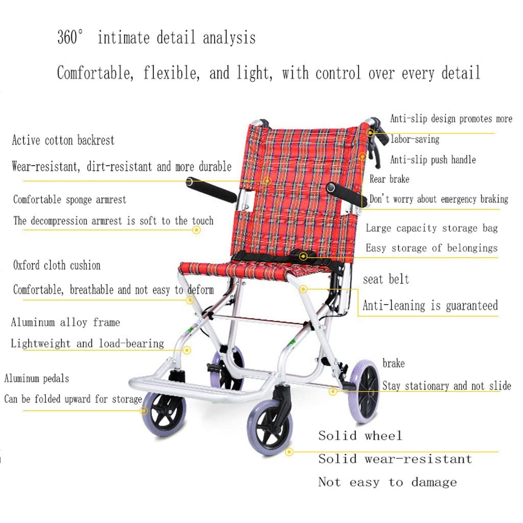 Lightweight Folding Transport Wheelchair - Portable Aluminum Alloy Travel Wheelchair for Seniors & Adults - Durable Red Mobility Aid for Airport, Hospital & Home Use