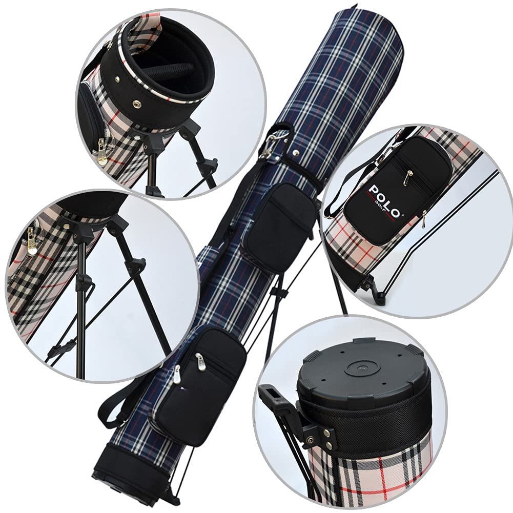 Lightweight Portable Golf Stand Bag with Shoulder Strap - Holds 8-9 Clubs - Blue Plaid Design (2.4kg) - Perfect for Sunday Golf Outings & Travel
