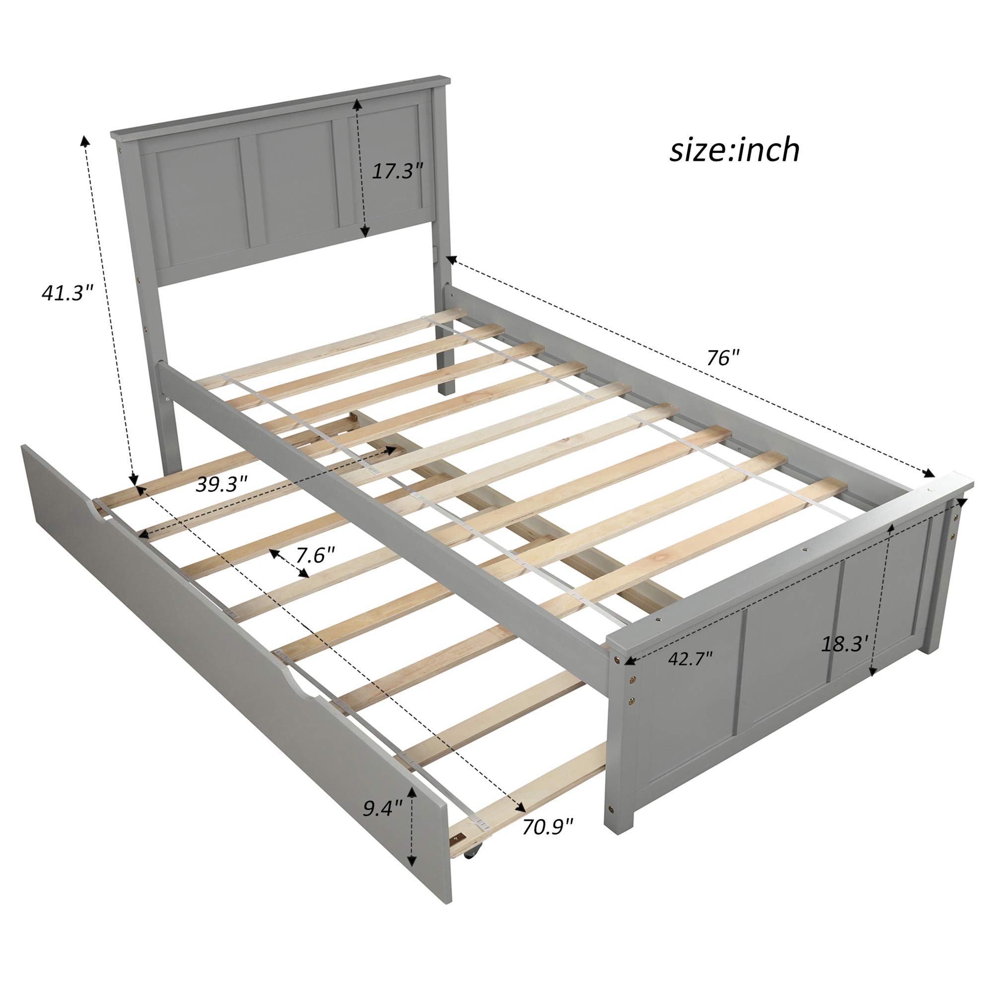 P PURLOVE Twin Wood Platform Bed Frame with Headboard & Trundle - Underbed Storage, Space-Saving Design for Kids & Guest Rooms (Gray) - Perfect for Small Bedrooms, Dormitories and Sleepovers