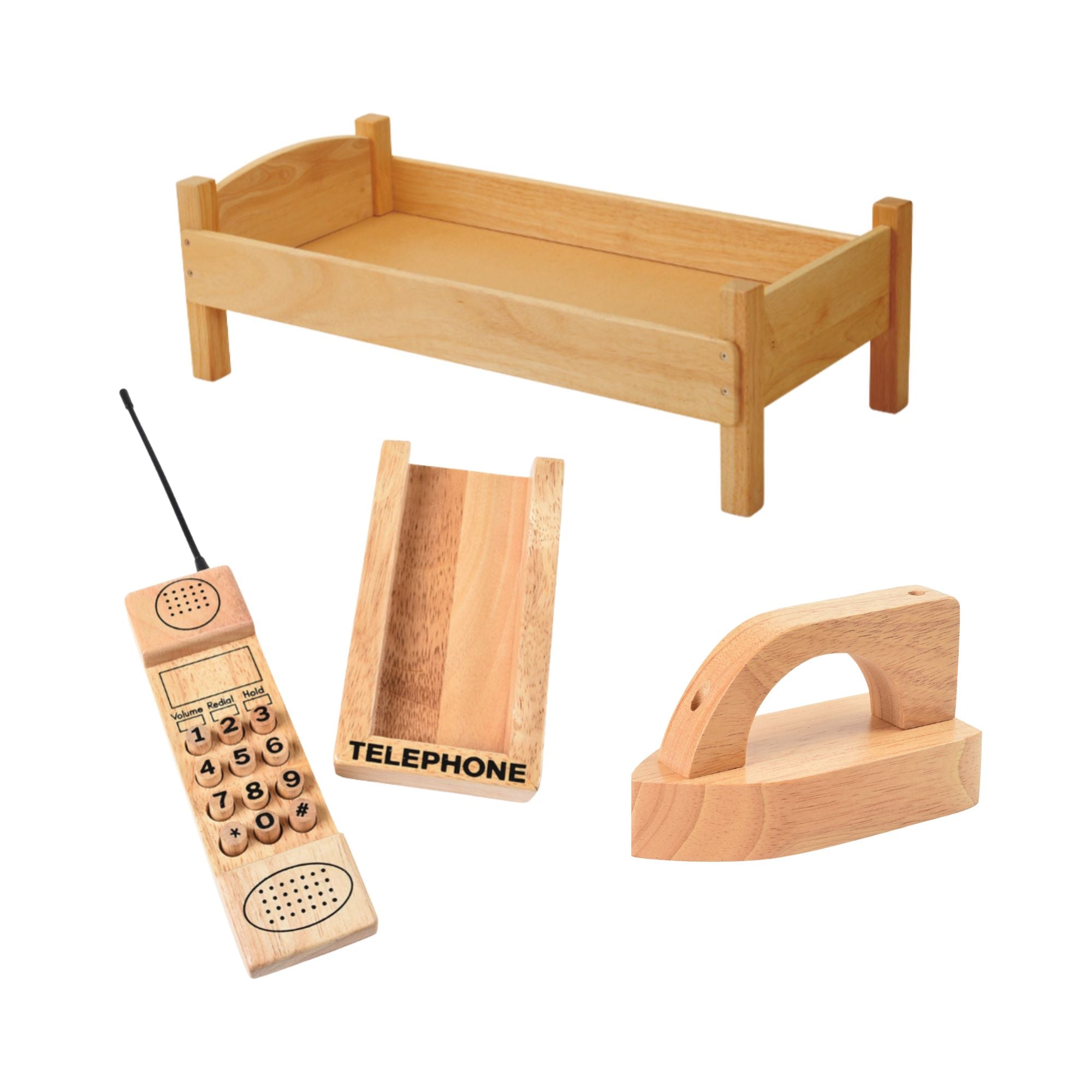 Montessori Dramatic Play Accessory Bundle - Wooden Pretend Play Iron, Doll Bed & Vintage Phone for Kids - Perfect for Preschool Learning, Role Play & Imaginative Play at Home or Classroom