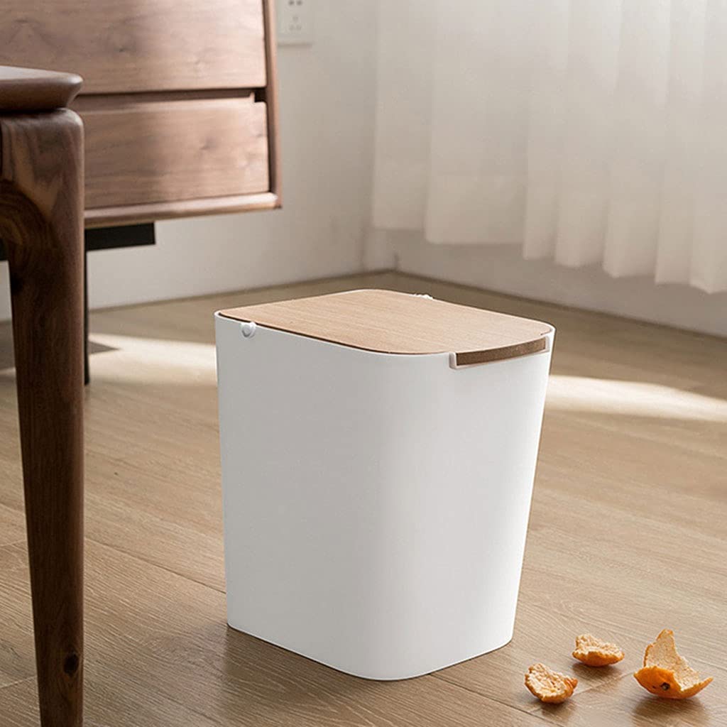 Creative Wooden Lid Trash Can for Kitchen & Bathroom - Flip Top Indoor Garbage Bin with Odor Control - White Household Waste Bin for Home, Office, Dorm Use