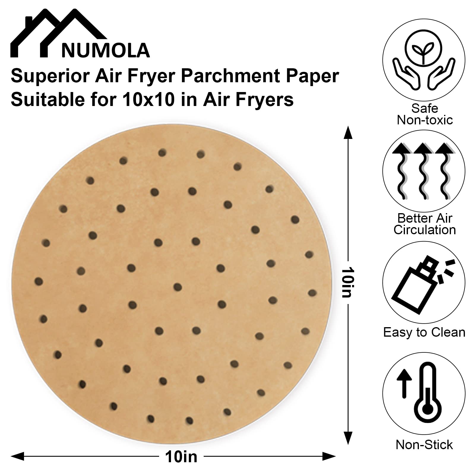 Numola 100 Pcs 10 Inch Air Fryer Parchment Paper Liners - Disposable, Non-Stick, Unbleached Baking Sheets for Air Fryer, Microwave, Oven & Steaming Basket | Perfect for Healthy Cooking, Meal Prep & Quick Cleanup