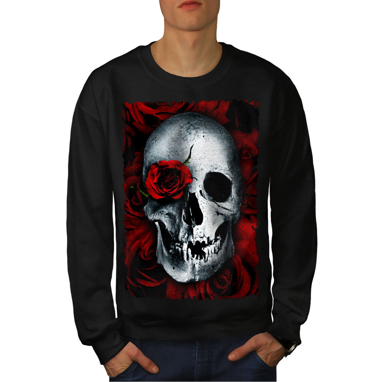 Wellcoda Men's Skull & Rose Print Sweatshirt - Biker Style Casual Pullover for Motorcycle Riding, Streetwear & Everyday Comfort