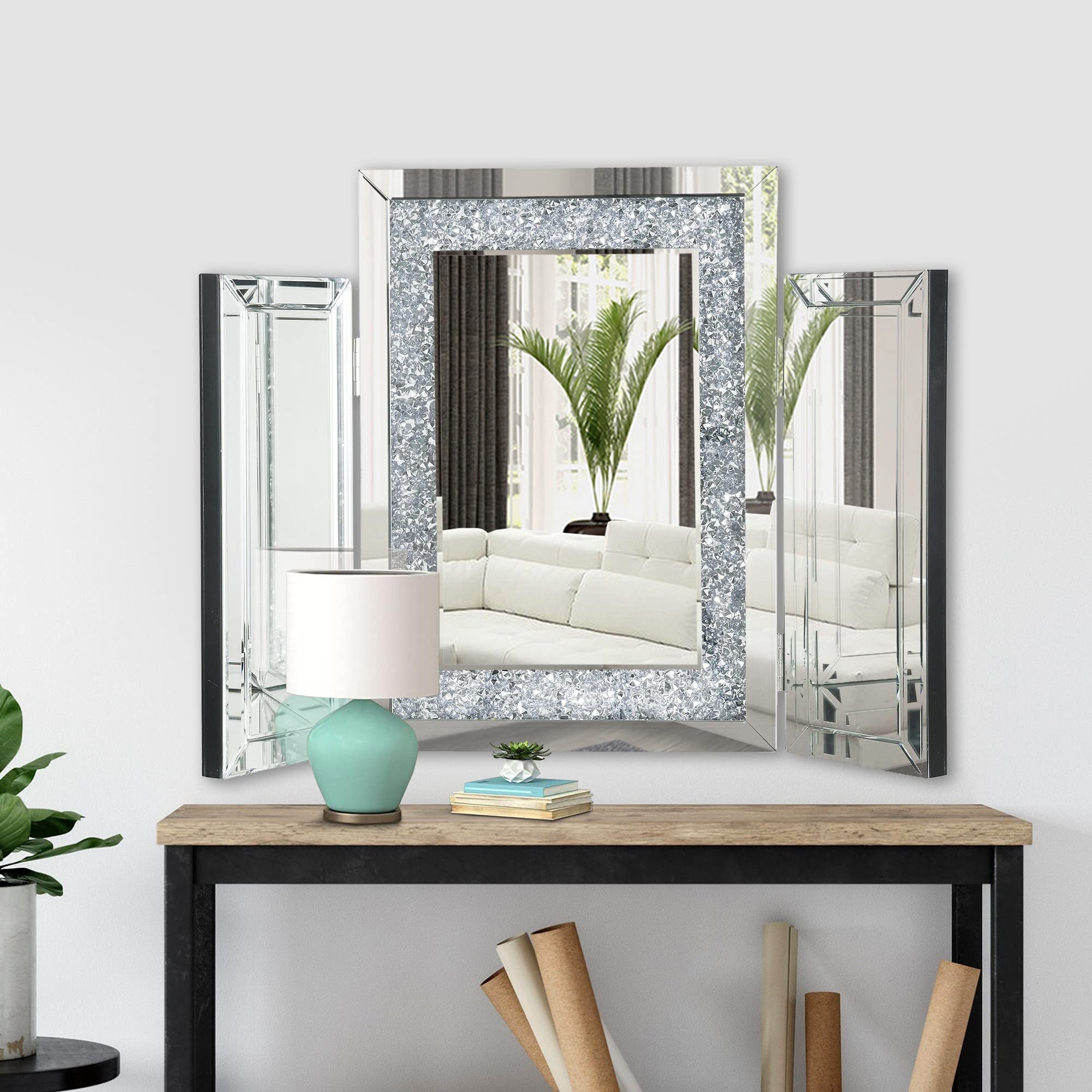 Benjara Silver Tri-Fold Mirror Panel with Faux Diamond Accents - Elegant Home Decor for Bedroom, Living Room & Vanity Makeup Area