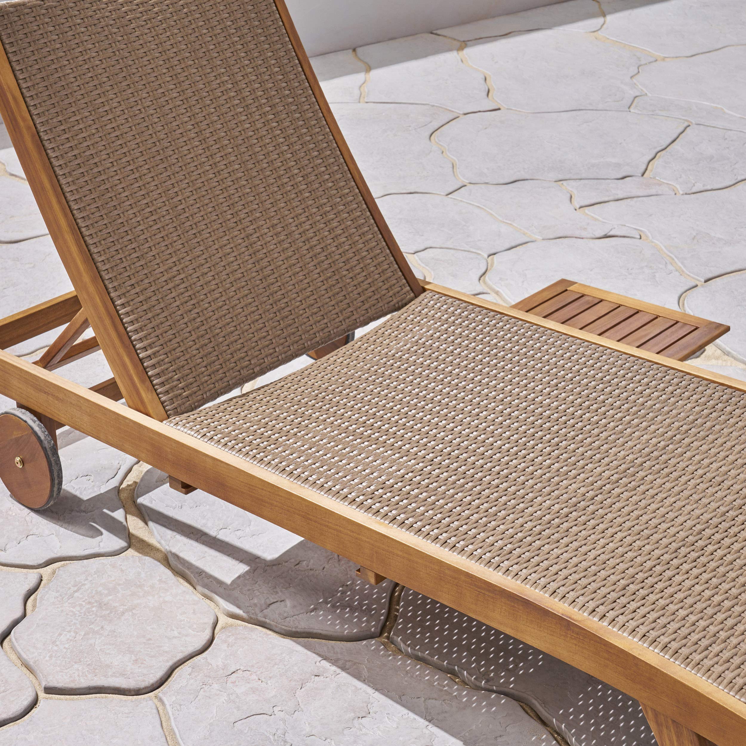 GDFStudio Outdoor Wicker and Wood Chaise Lounge Set of 2 with Pull-Out Tray - Brown Patio Furniture for Poolside, Garden, and Backyard Relaxation