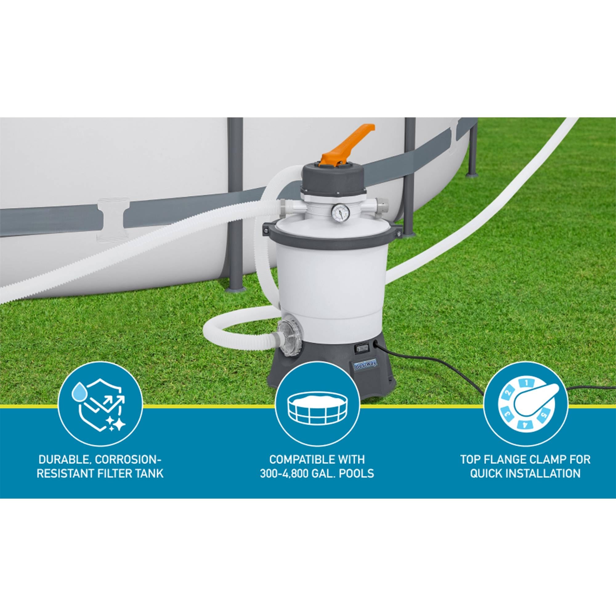 Bestway Flowclear 800 Gallon Sand Filter Pump for Above Ground Pools - Includes ChemConnect Chemical Dispenser, Pre-Filter Strainer & Top Flange Clamp - Easy Maintenance & Crystal Clear Water - Perfect for Backyard, Inflatable & Frame Pools (White)
