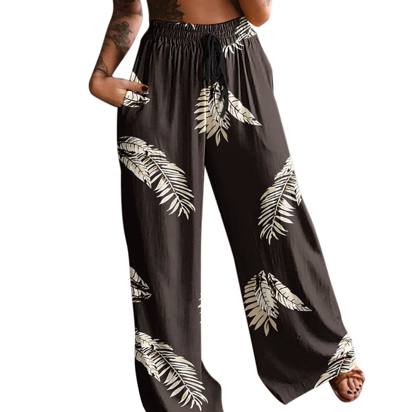 Boho Floral Cotton Linen Pants for Women - Wide Leg Harem Pants with Pockets for Casual Wear