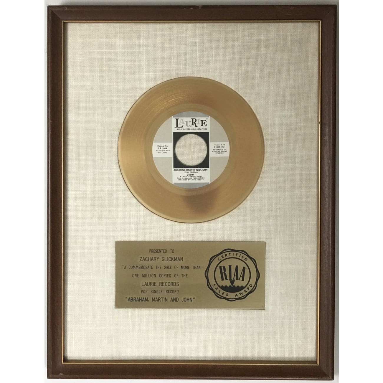 Dion Abraham, Martin & John White Matte RIAA Gold 45 Award - Rare Collectible Music Memorabilia for Display & Investment