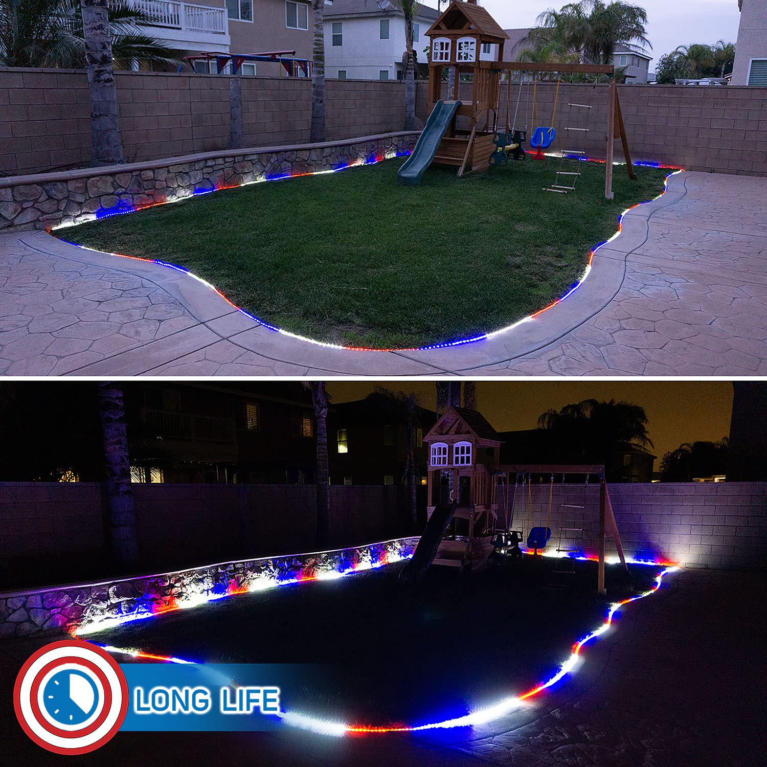Russell Decor LED Rope Lights - 60ft Red White Blue Patriotic String Lights with 10-Level Dimmable Remote Control | Waterproof Outdoor Christmas & 4th of July Decorations for Party, Garden, Patio, and Home