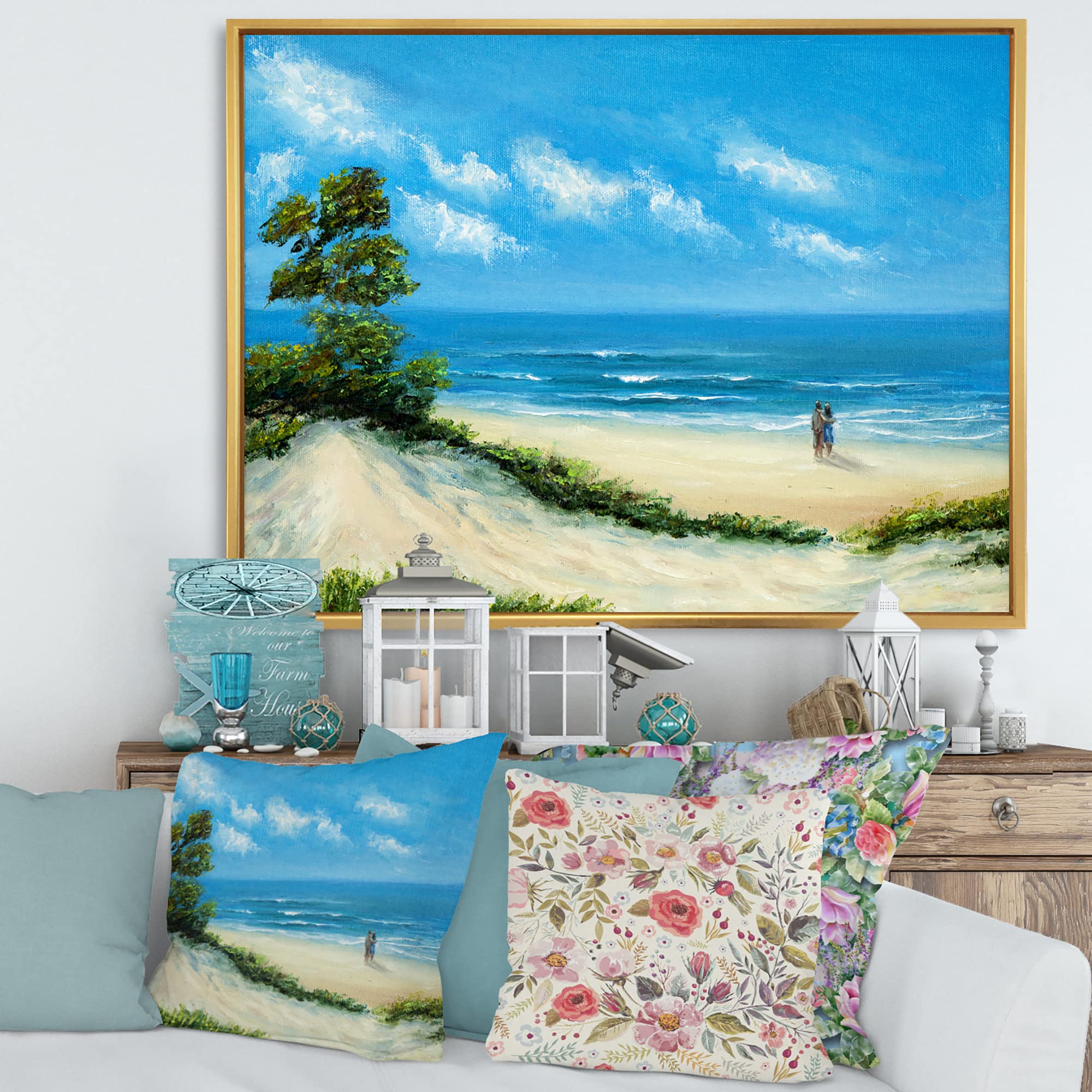 DesignQ Beach Couple Framed Canvas Wall Art - Nautical Coastal Decor for Living Room, Bedroom & Office - Perfect Beach House & Seaside Home Decoration