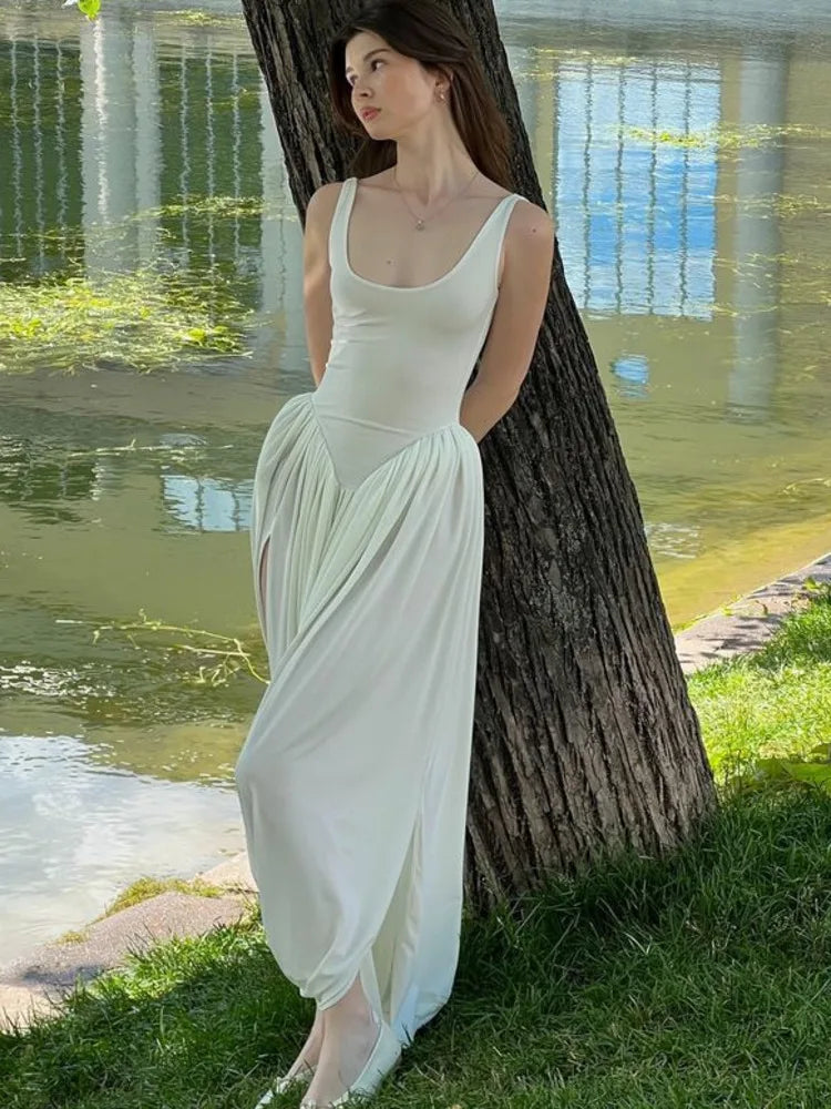 Elegant Sleeveless Elastic Bodycon Long Dress for Women - Fluffy Skirt with High Slit & Backless Design - Slim Fit Party, Evening, Vacation & Special Occasion Dresses - Perfect for Cocktail Parties, Date Nights & Beach Vacations