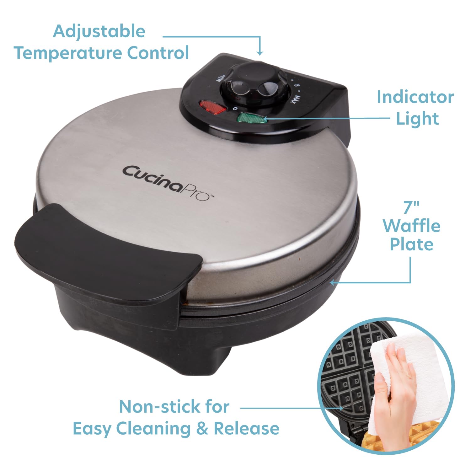 Cucina Pro 7-Inch Non-Stick Waffle Maker - Adjustable Browning Control for Thin American Style Waffles - Perfect for Breakfast, Brunch & Family Gatherings - Ideal Housewarming Gift & Kitchen Essential