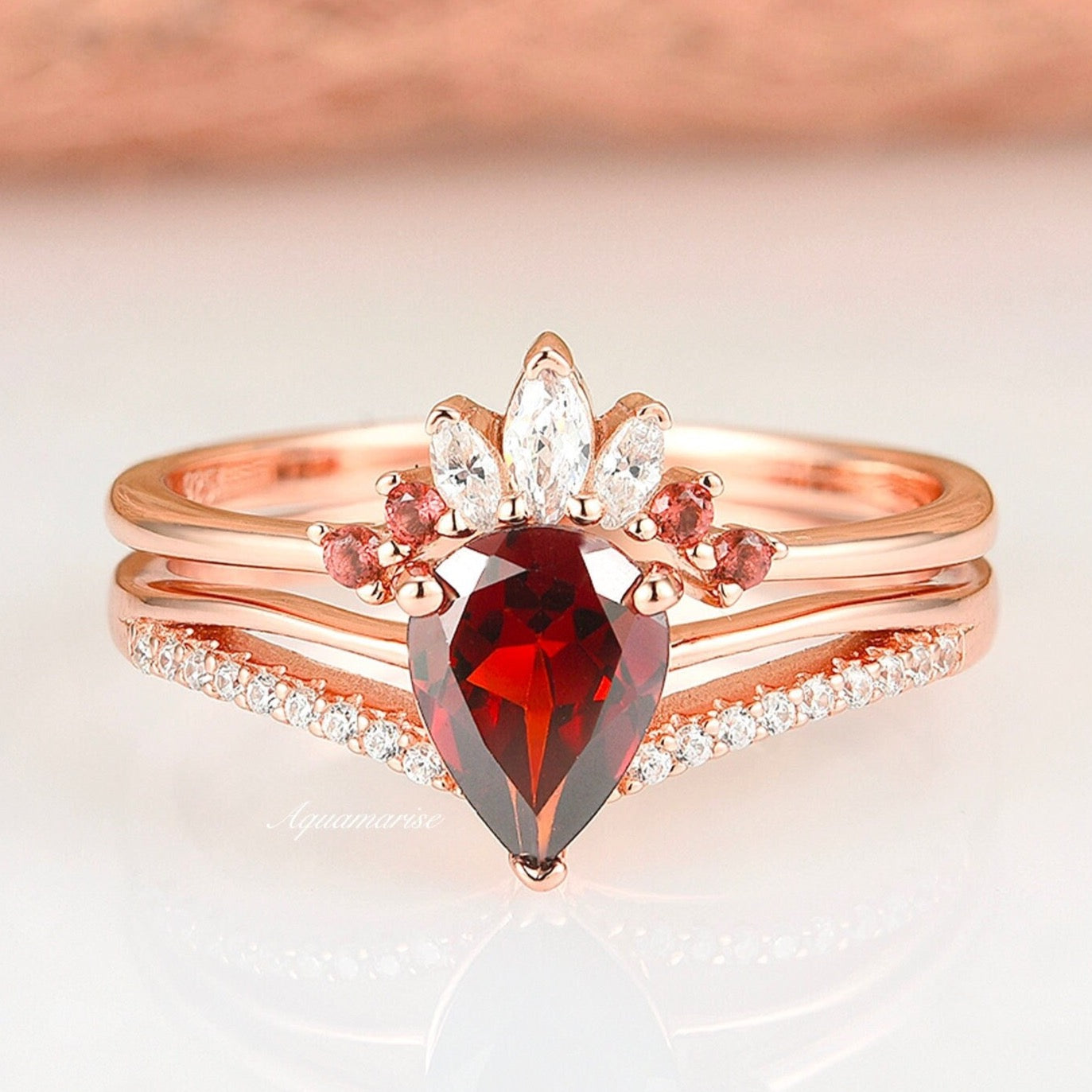14K Rose Gold Vermeil Dakota Garnet Ring Set for Women - Elegant Stackable Rings for Everyday Wear, Gift Giving & Special Occasions