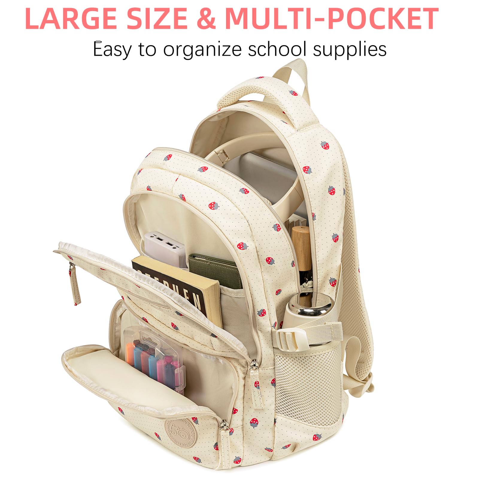 Bluboon Cute Strawberry Beige Backpack for Girls Ages 8-12 - Durable School Bookbag with Padded Straps for Comfort - Perfect for School, Travel & Daily Use